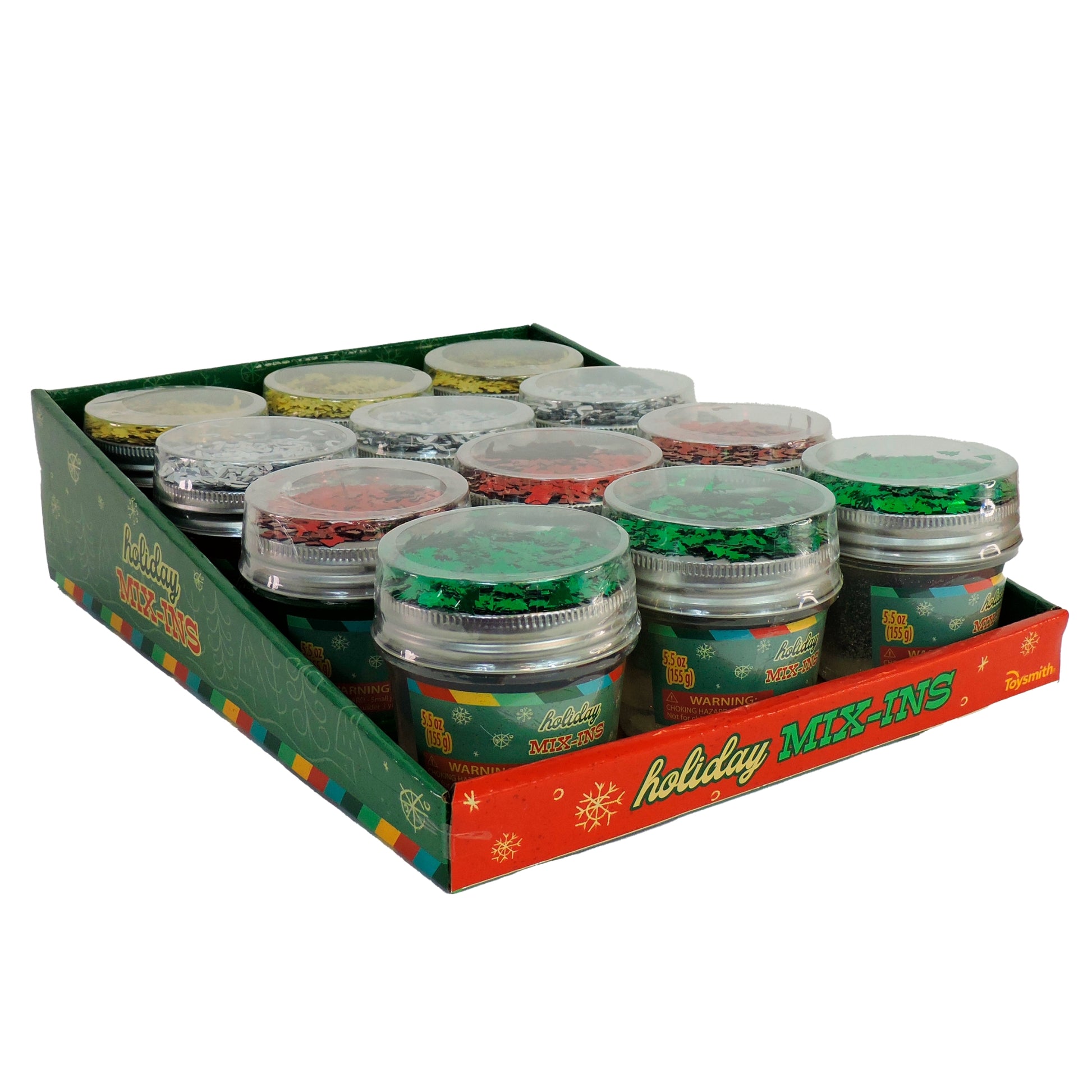 Display of holiday-themed confetti containers in a festive box.