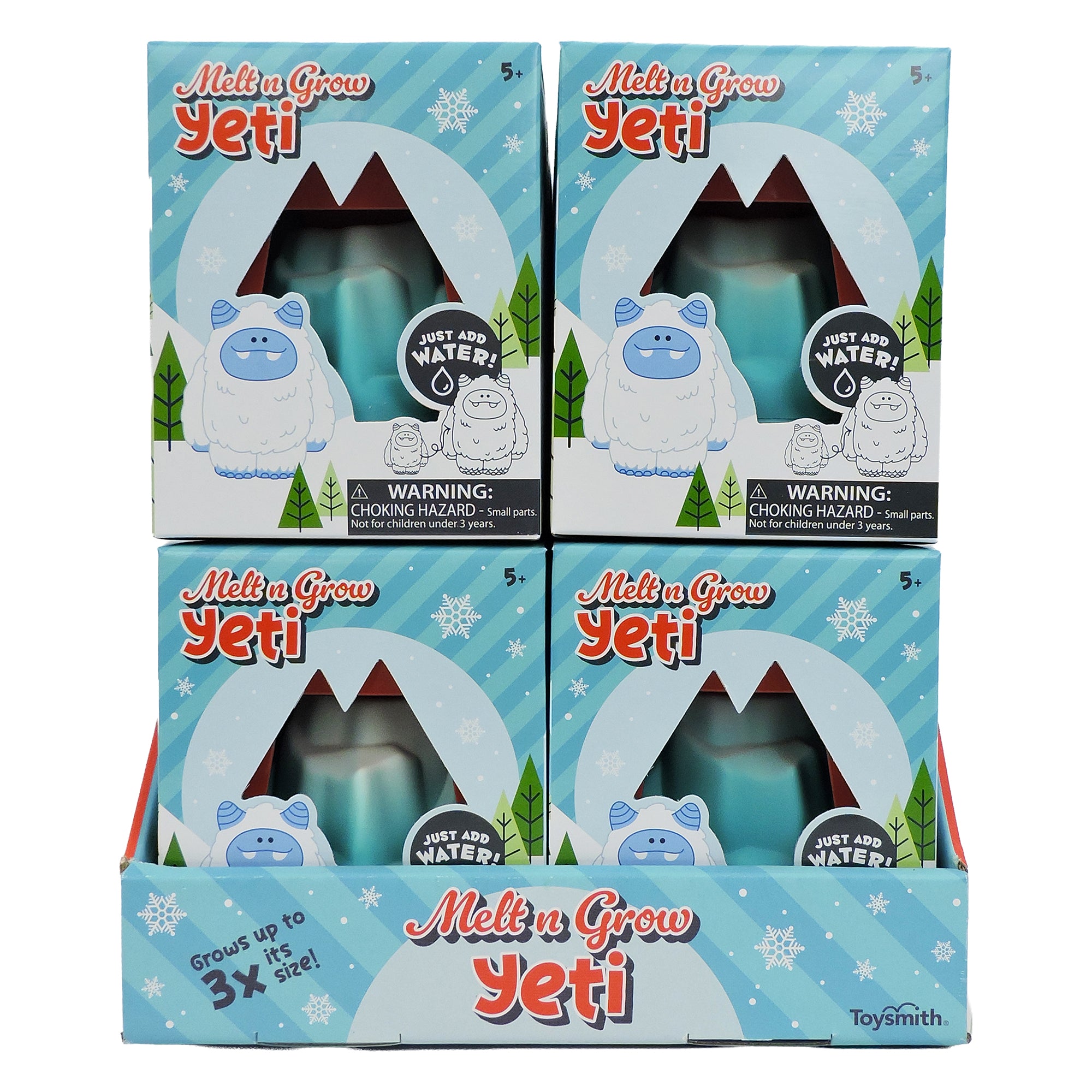 Four Toysmith Melt N Grow Yeti boxes are on display. Each box shows a cartoon yeti and “Just add water!”—a fun Toysmith activity for kids ages 5+ that grows up to 3x its size.