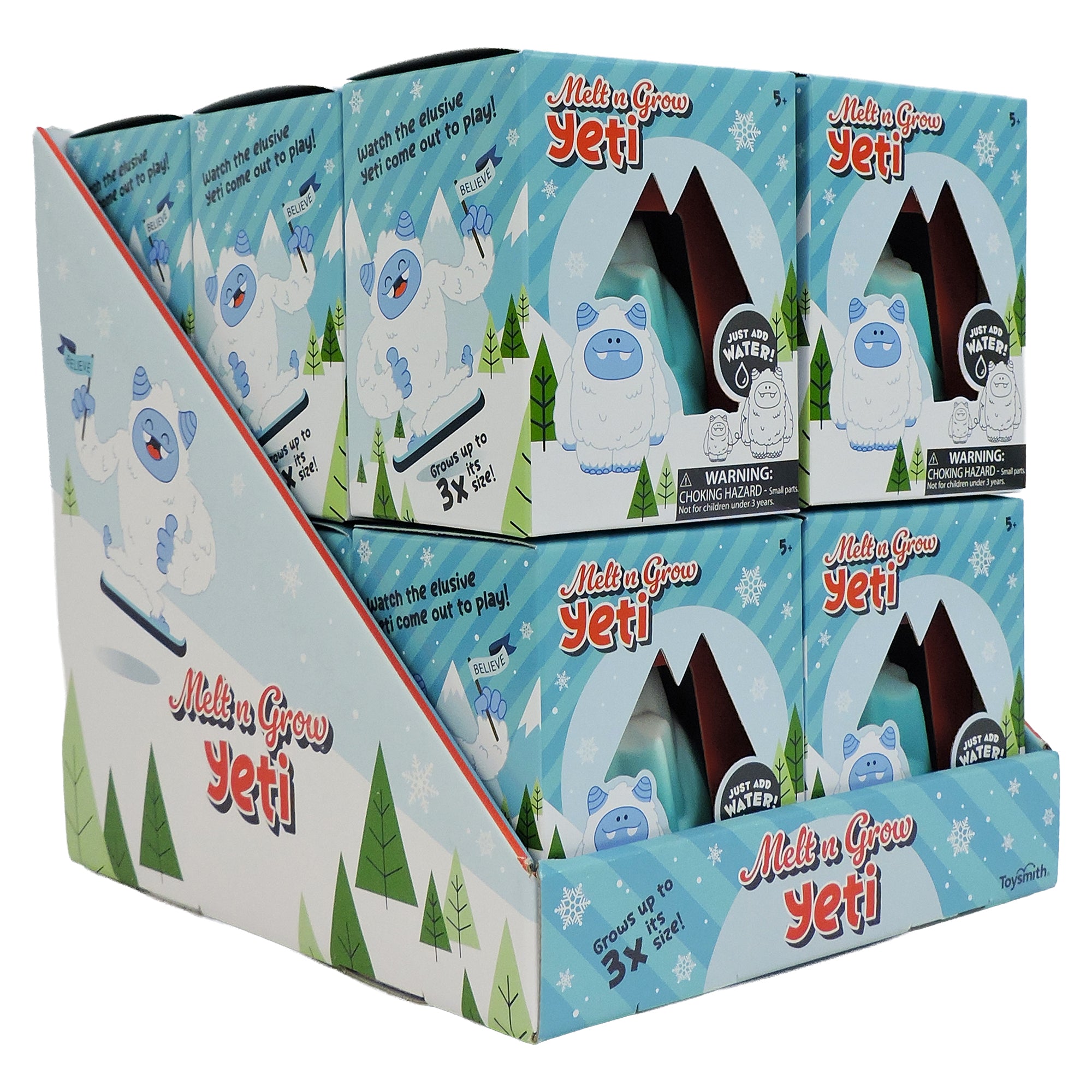 The Toysmith Melt N Grow Yeti display box features multiple expanding yeti toys with a cartoon yeti, snowflakes, and mountains on a light blue background—a fun winter activity for kids; just add water as instructed!.