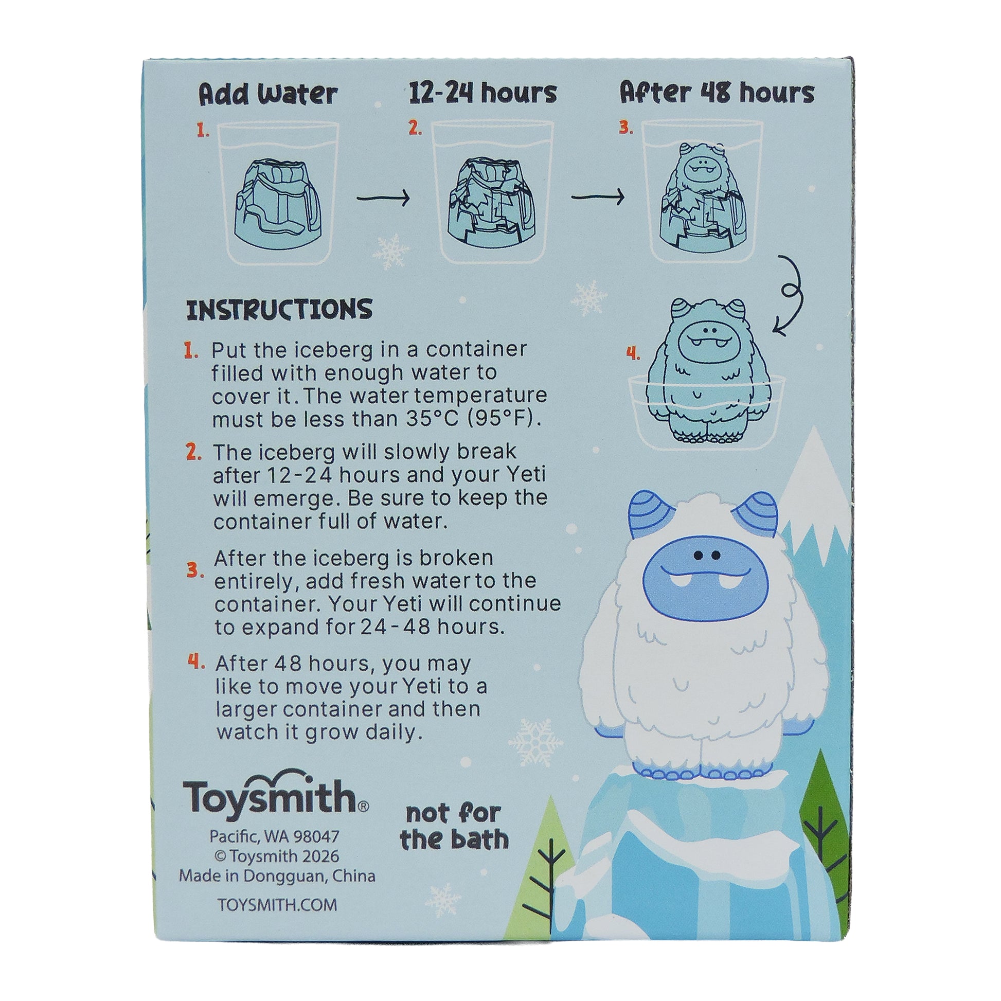 Back of a Toysmith Melt N Grow Yeti box features illustrated instructions for this expanding water toy that grows in 48 hours. Cartoon Yetis and playful mountains create a fun winter activity for kids on a light blue background.