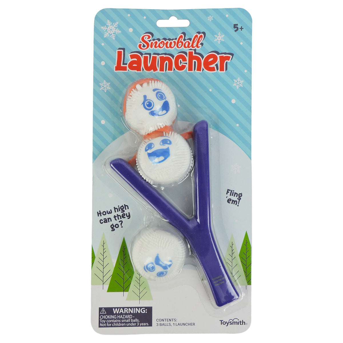 Toysmith Snowball Launcher by Toysmith: A winter toy set for ages 5+ with a purple slingshot and three white snowballs featuring cartoon snowman faces, ideal for kids or holiday party games, packaged against a snowy illustrated background.