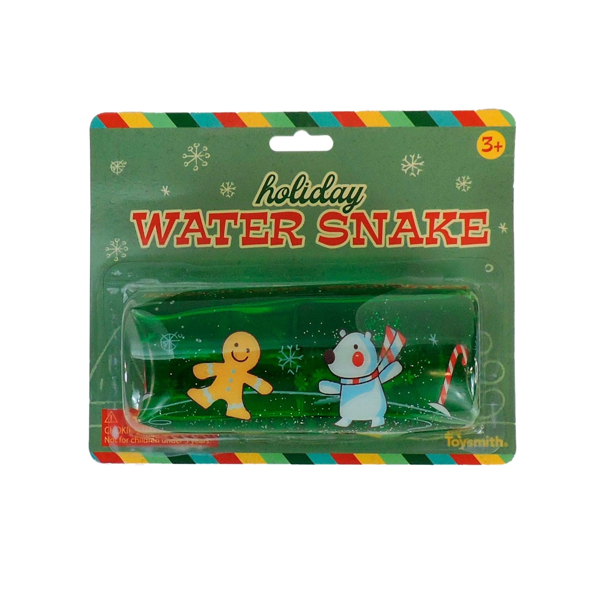 The Toysmith Holiday Themed Water Snake features a green tube with a gingerbread figure and a bear holding a candy cane, packaged festively with snowflakes, colorful borders, and a "3+" age label.