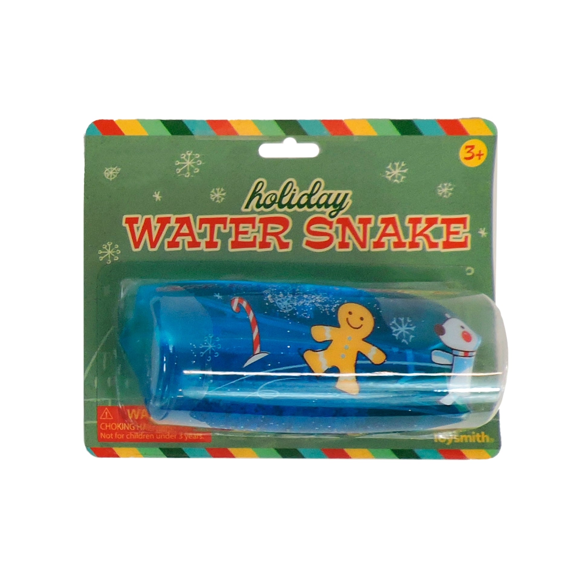 The Toysmith Holiday Themed Water Snake comes in green snowflake packaging for ages 3+, featuring a blue water snake toy decorated with a gingerbread man, polar bear, and candy cane. The package reads “holiday WATER SNAKE.”.