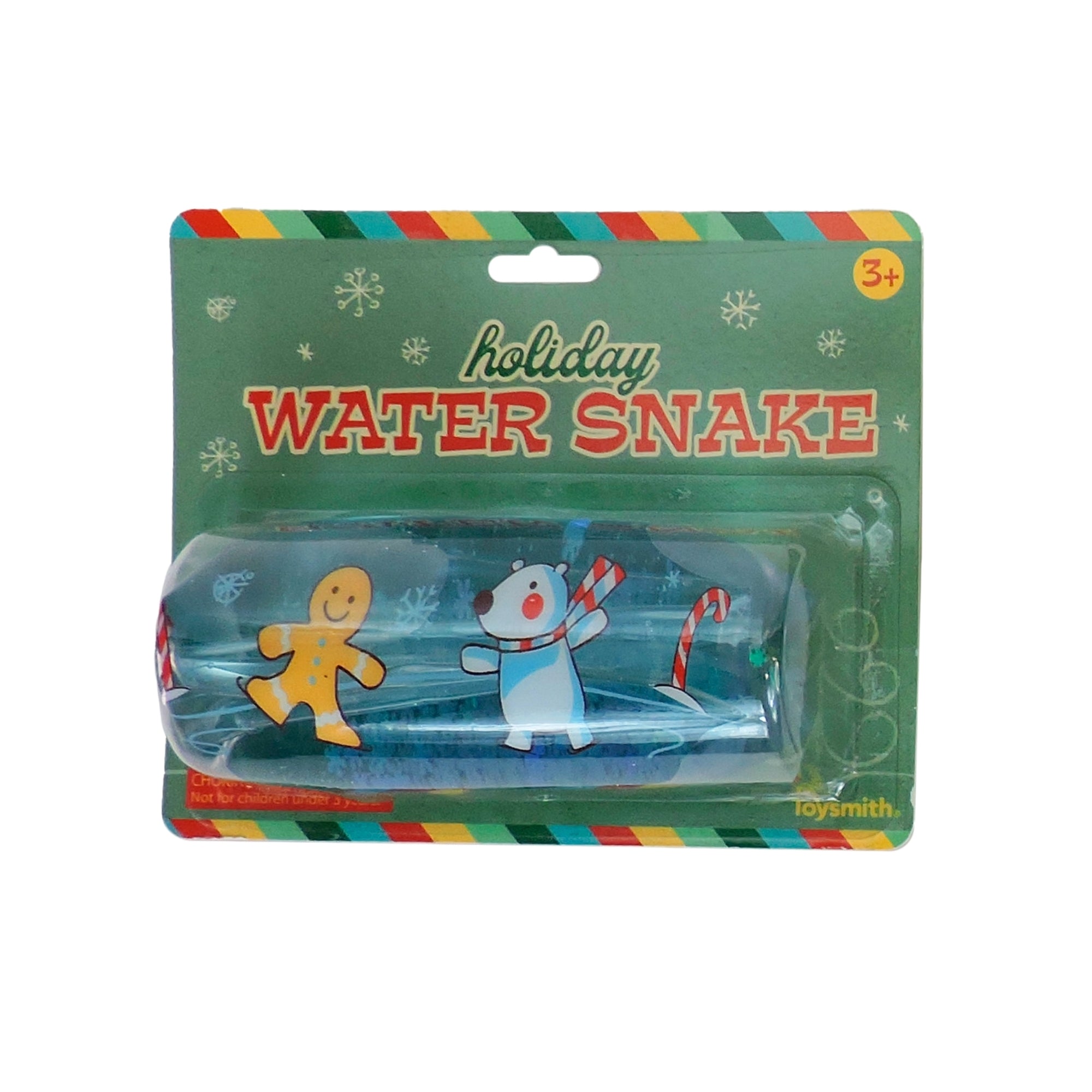 The Toysmith Holiday Themed Water Snake is a festive toy for ages 3+, featuring gingerbread and snowman designs. It comes in a green, snowflake-adorned package labeled "holiday WATER SNAKE" in red and yellow text.