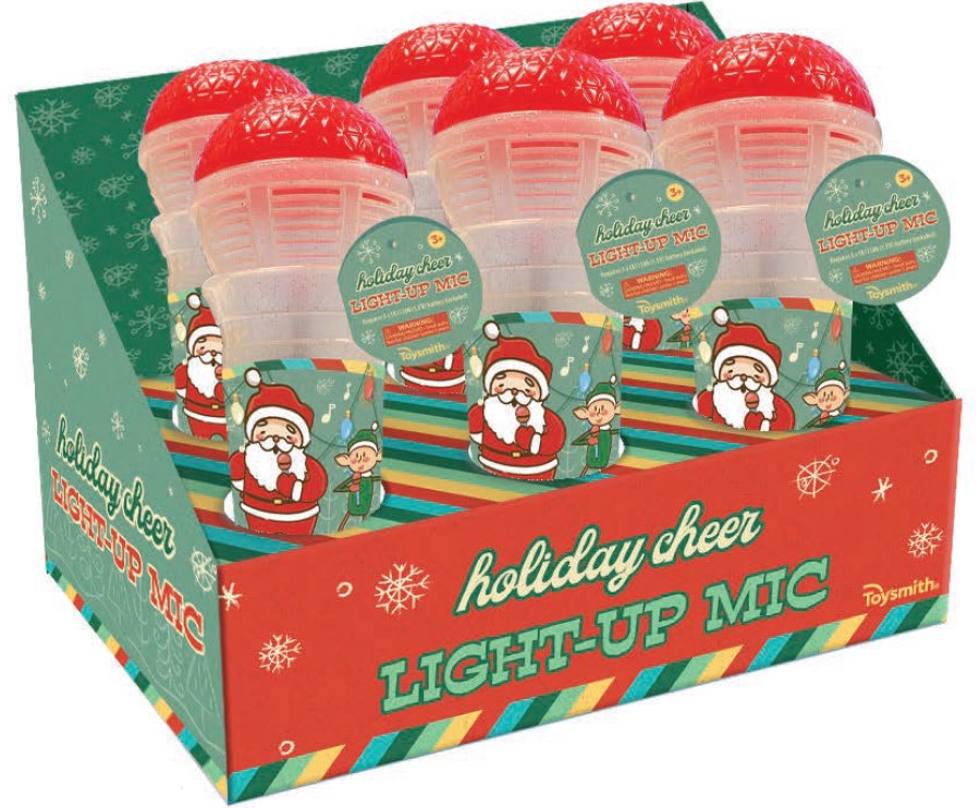 A display box of Toysmith Holiday Cheer Light-Up Mic toys for kids, each with a red top and festive packaging featuring Santa Claus and an elf, all in bright holiday colors and playful patterns.