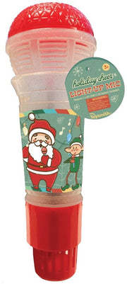 The Toysmith Holiday Cheer Light-Up Mic is a festive toy with a red top and base, featuring Santa Claus and an elf. Designed for ages 3+, its tag reads "holiday cheer LIGHT-UP MIC" and it lights up for extra holiday fun.