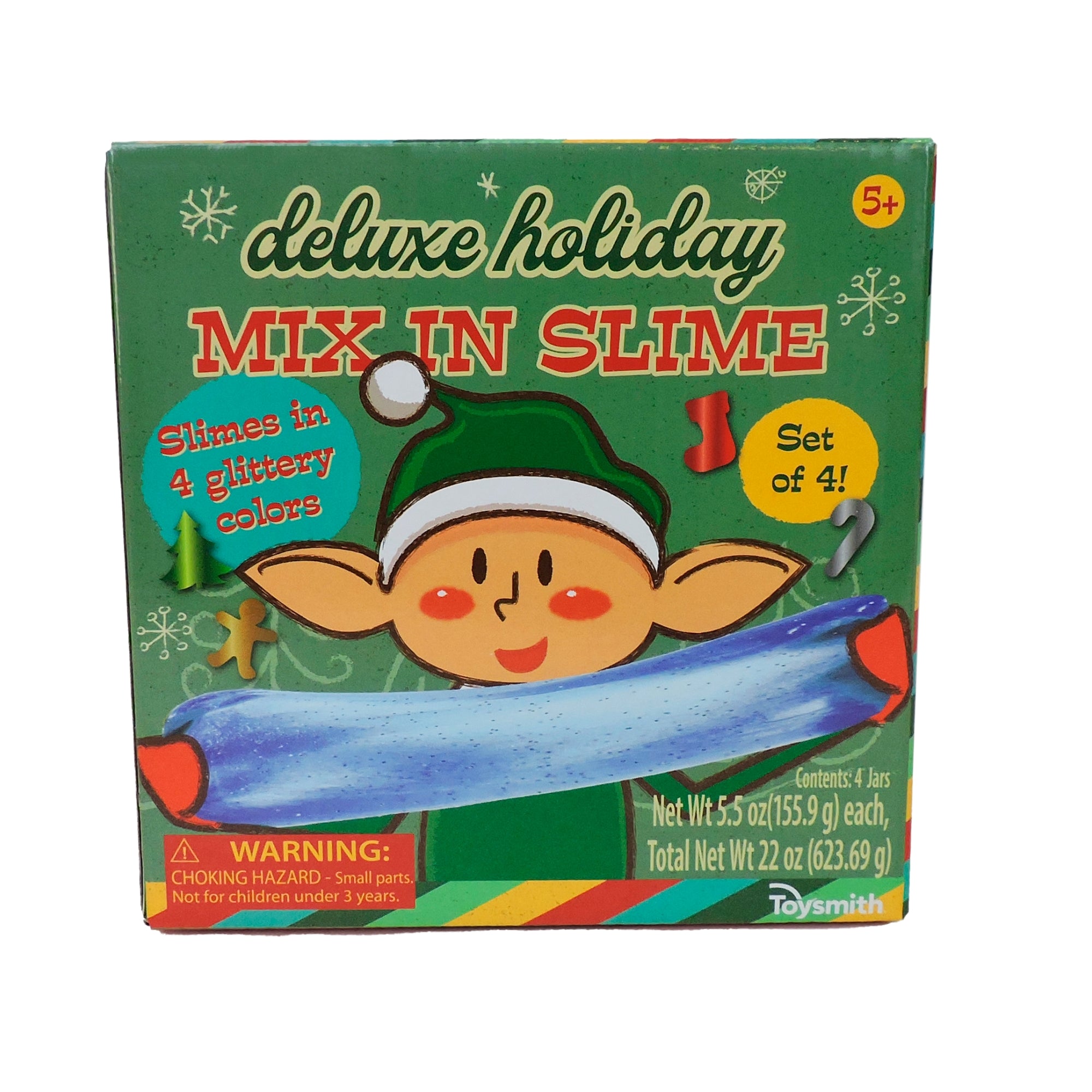 Box of deluxe holiday mix in slime with an elf design on a white background