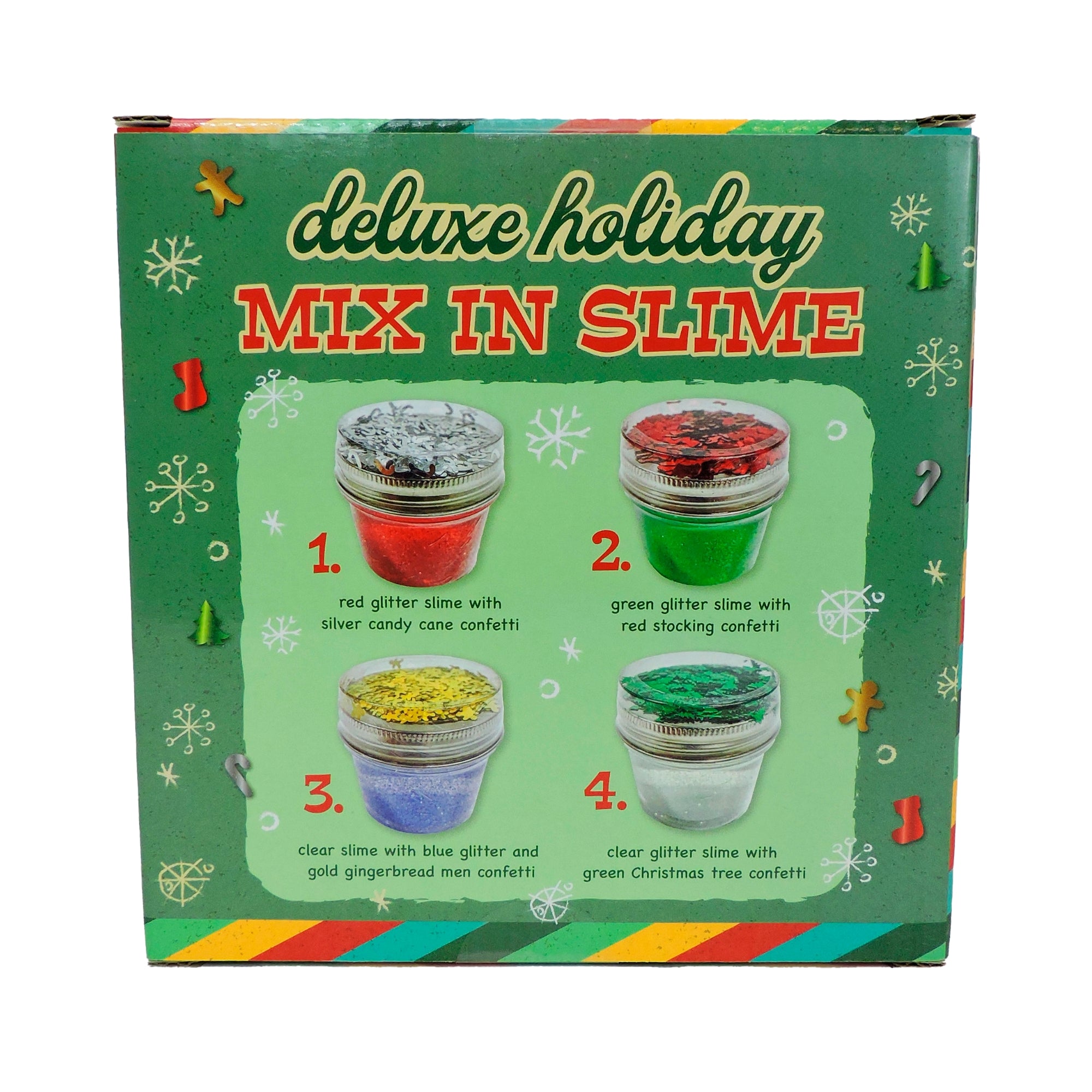 Box of deluxe holiday mix in slime with colorful confetti slime options on a green background.