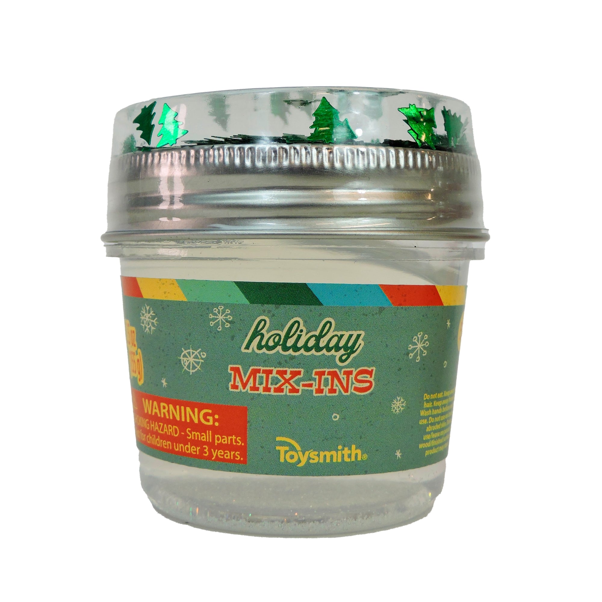 Jar labeled 'Holiday Mix-Ins' with a colorful label and silver lid on a white background