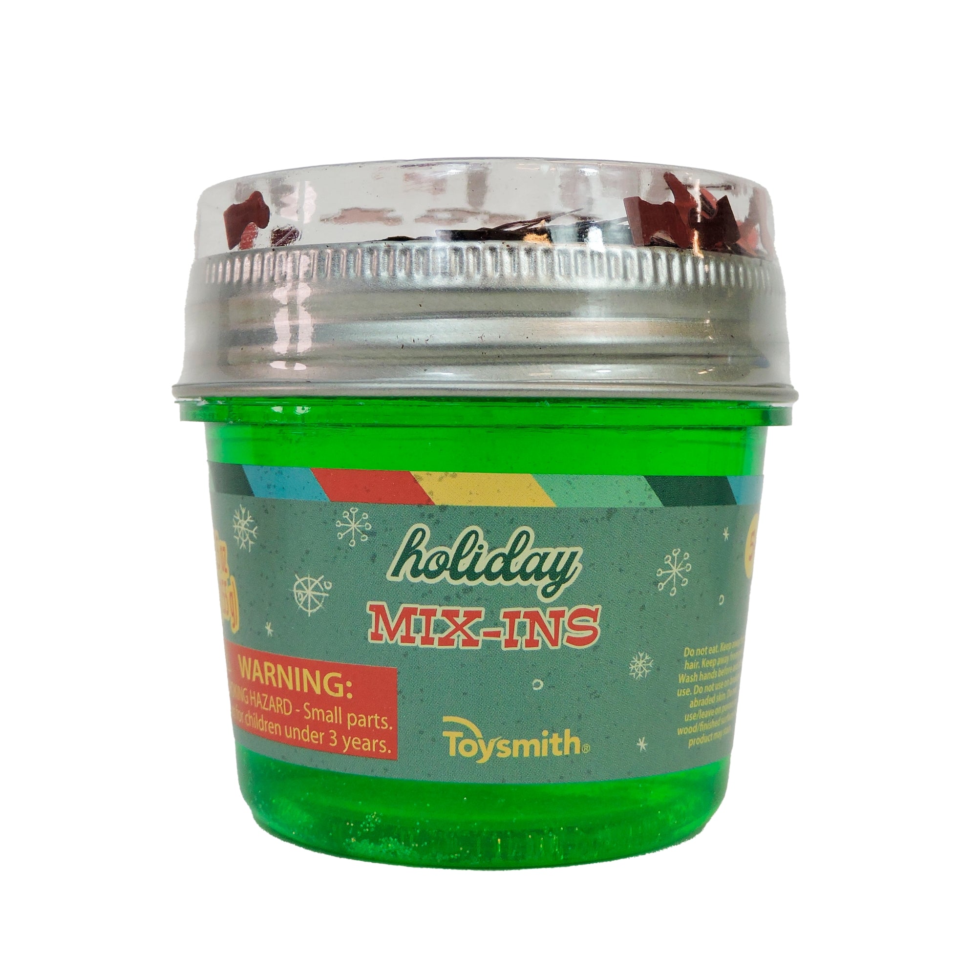 Green container labeled 'Holiday Mix-Ins' with a colorful label on a white background