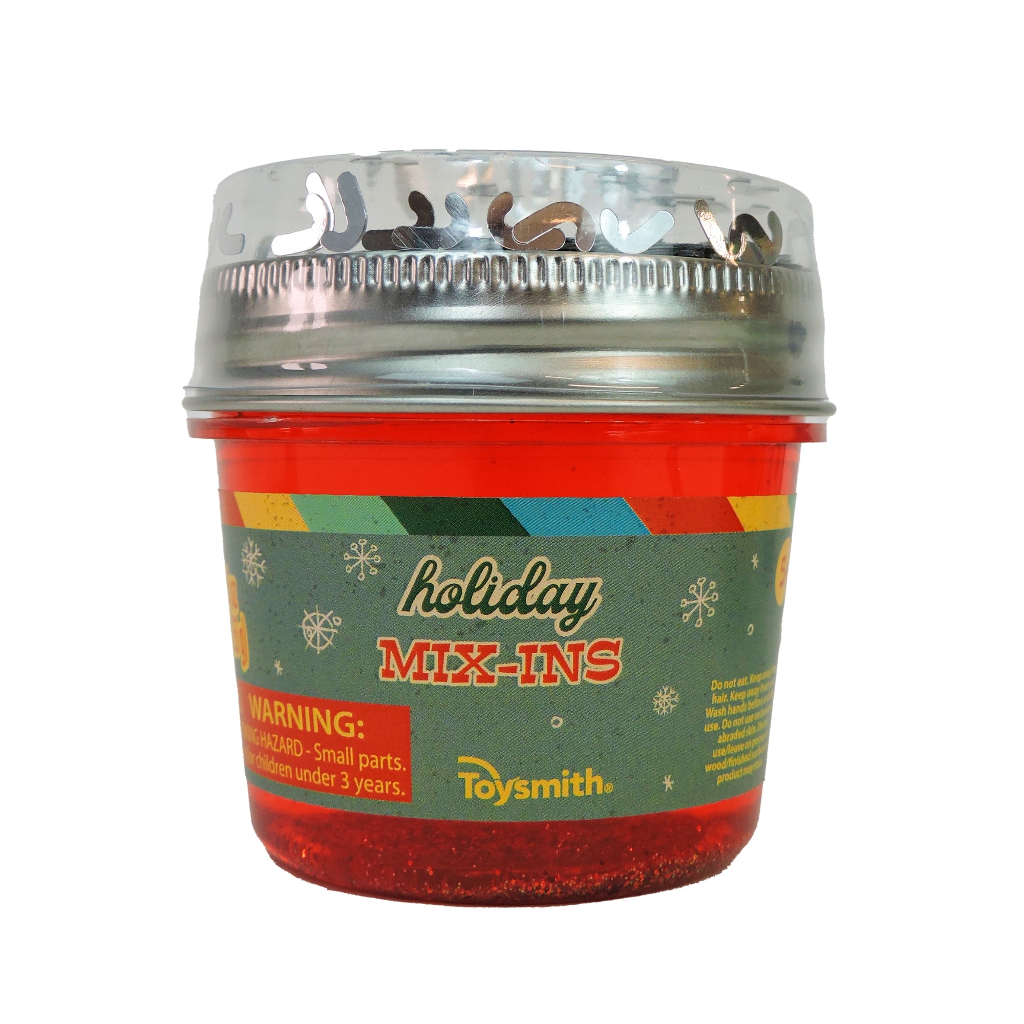 Toy container labeled 'Holiday Mix-Ins' with a colorful label on a white background