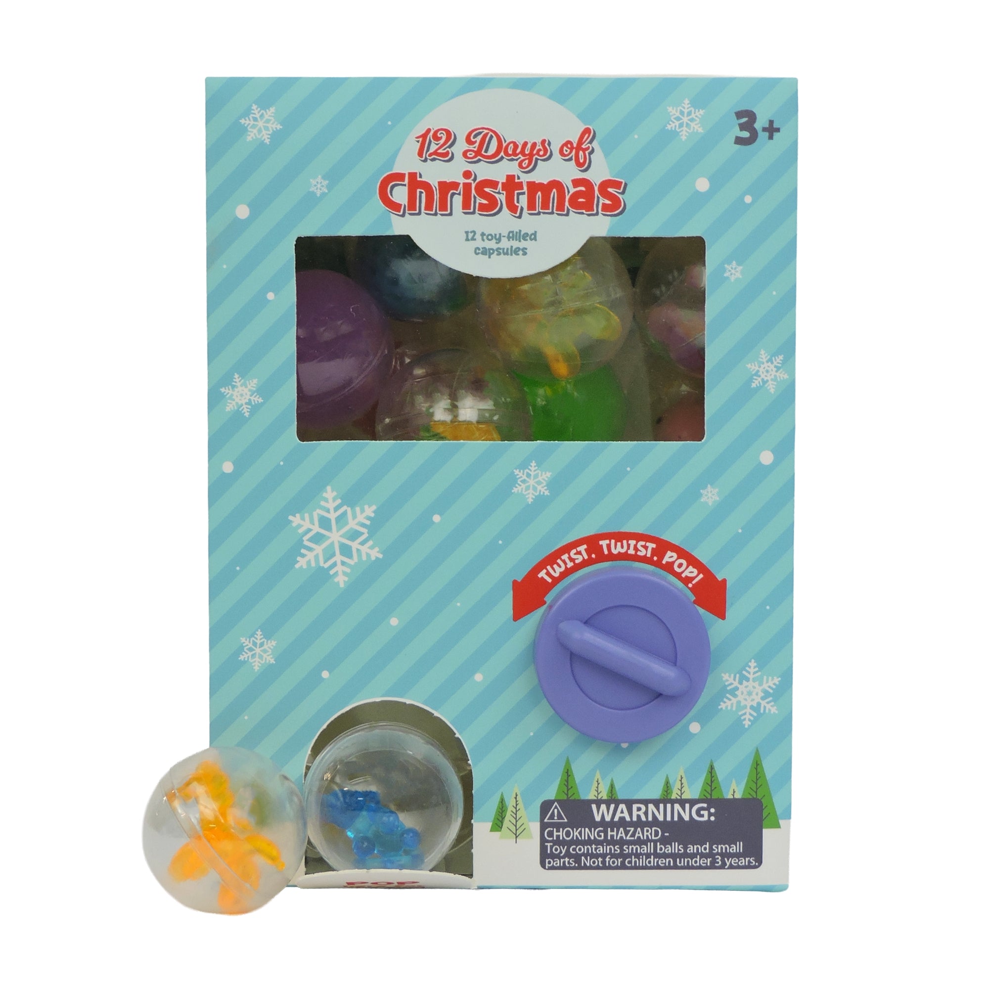 The Toysmith 12 Days of Christmas advent calendar by Toysmith is blue and white, for ages 3+, featuring a purple twist knob, snowflake design, visible toy capsules, and a warning label at the bottom.