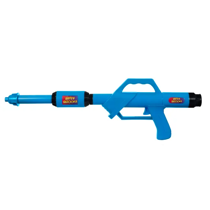 The We're Always Thinking Water Bazooka is a blue plastic pump-action water blaster with a long barrel, trigger handle, and two red and yellow stickers on the side.