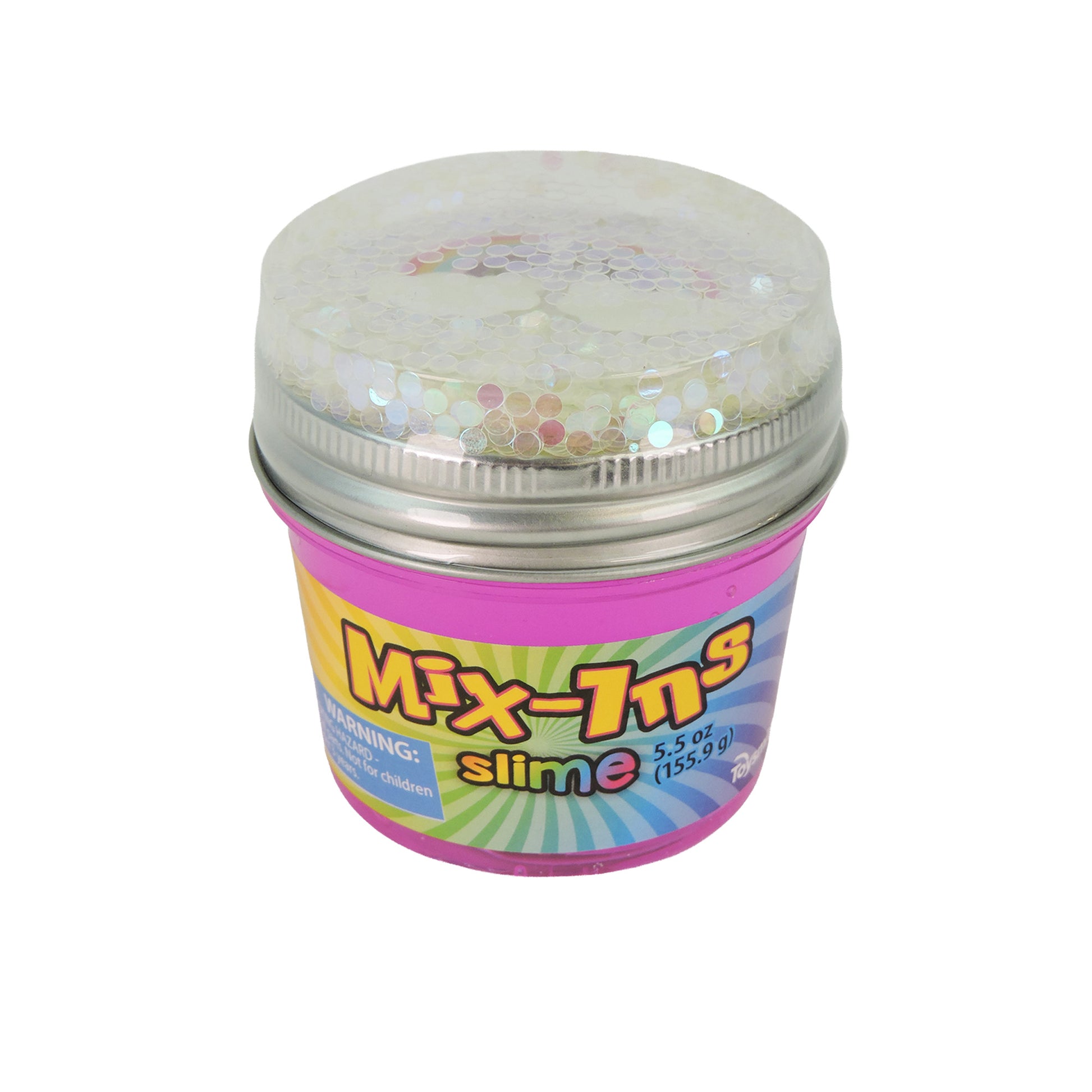 A small clear plastic Toysmith Mix-In Slime container (5.5 oz/155.9 g) with a metallic lid features iridescent sequins inside and a colorful label showing the Toysmith brand and product name.