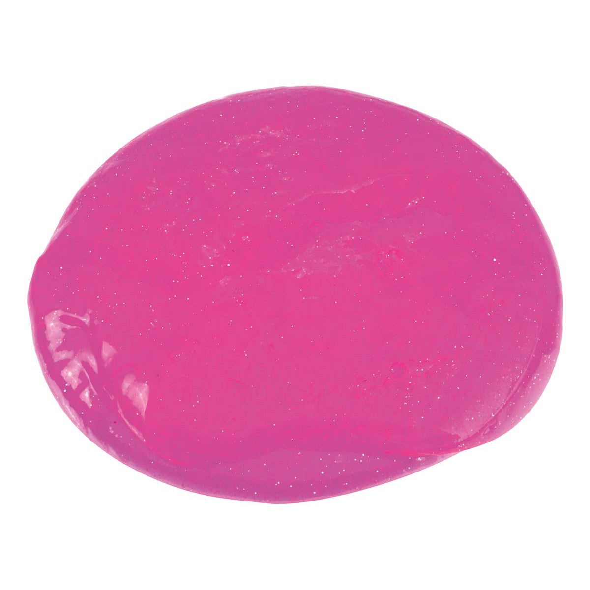 A flat, round blob of bright pink Toysmith Mix-Ins Slime Asst by Toysmith is shown on a white background with a shiny, smooth surface—ideal for your slime kit or customizing with fun mix-ins.