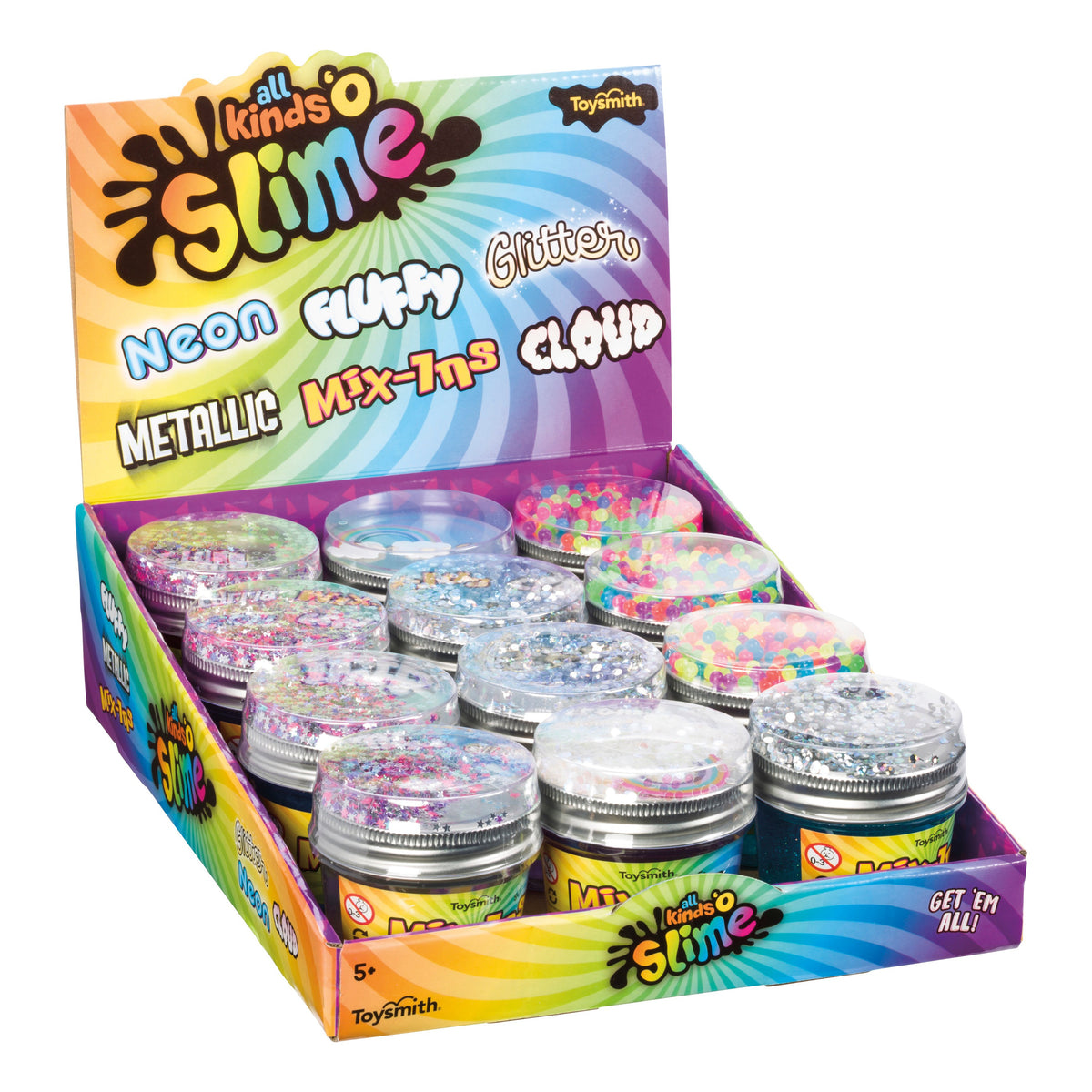The Toysmith Mix-Ins Slime Asst is a colorful display box by Toysmith, featuring assorted slime jars with metallic lids and unique textures like neon, fluffy, glitter, metallic, mix-ins, and cloud varieties.