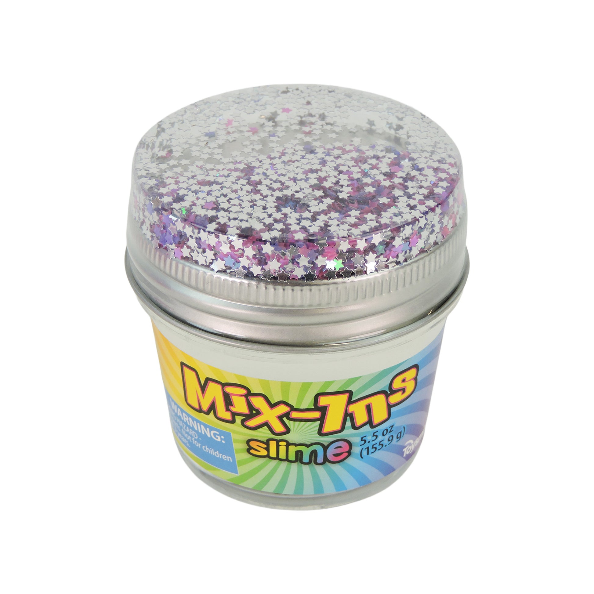 A 155g Toysmith Mix-In Slime jar from Toysmith features a clear lid, colorful label with child warning, and is filled with silver, purple, and star-shaped glitter.