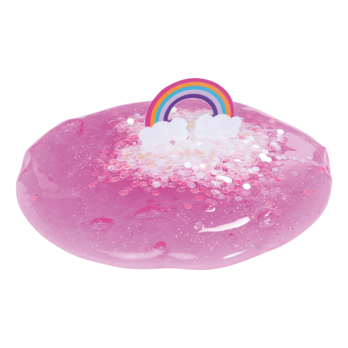 Toysmith Mix-Ins Slime Asst by Toysmith features pink, glittery putty slime with iridescent confetti mix-ins and a small rainbow with white clouds on top, displayed against a white background.