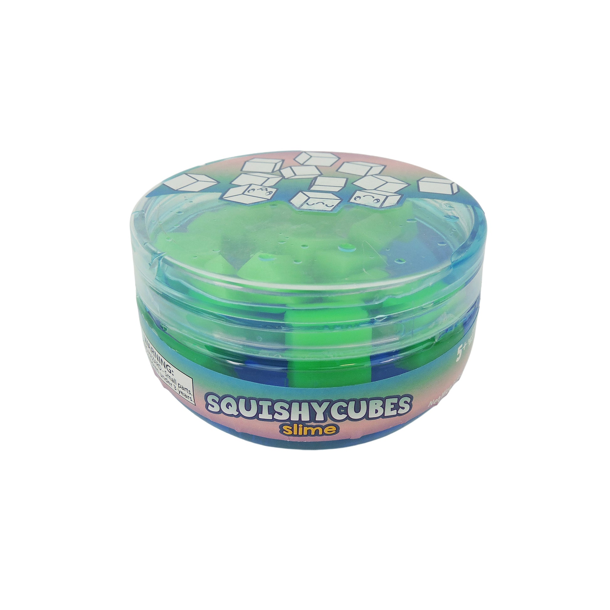 A round plastic container labeled Toysmith Squishy Cube Slime by Toysmith, featuring a blue lid with cartoon cubes and filled with green and blue slime cubes.