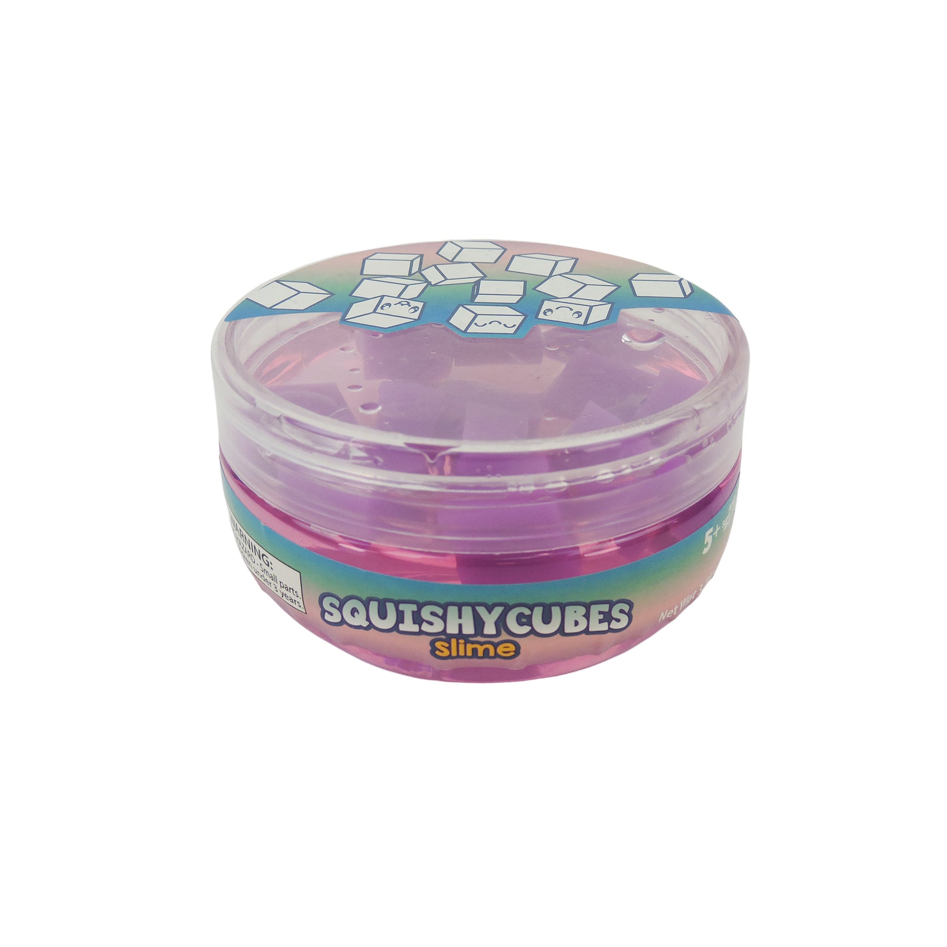 The Toysmith Squishy Cube Slime by Toysmith is a round plastic container with a rainbow label, filled with translucent purple slime and squishy cubes inside. The lid shows smiling cube illustrations.