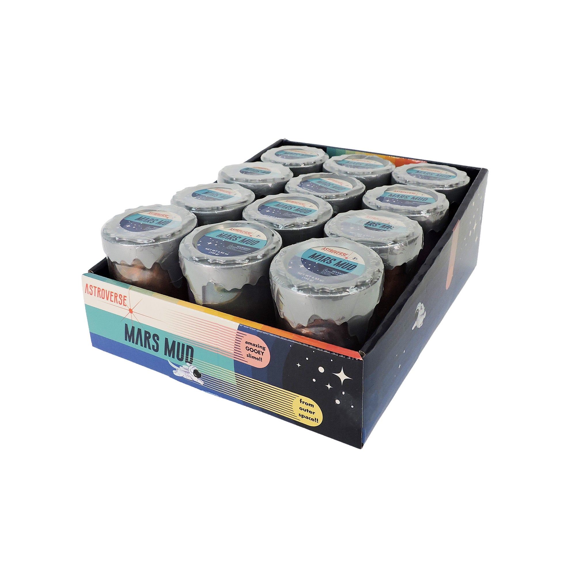 A display box of twelve Astroverse Mars Mud tubs, each with a clear lid, set on a white background. The box shows colorful space-themed graphics and Astroverse branding for a unique sensory experience.