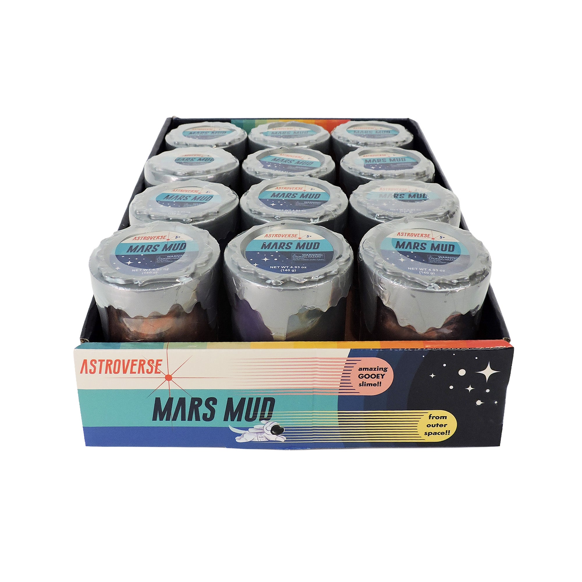 The Astroverse Mars Mud display box by Astroverse features 12 clear tubs of brown and silver slime with blue labels and foil seals, all set against a vibrant space-themed background for a unique sensory experience.