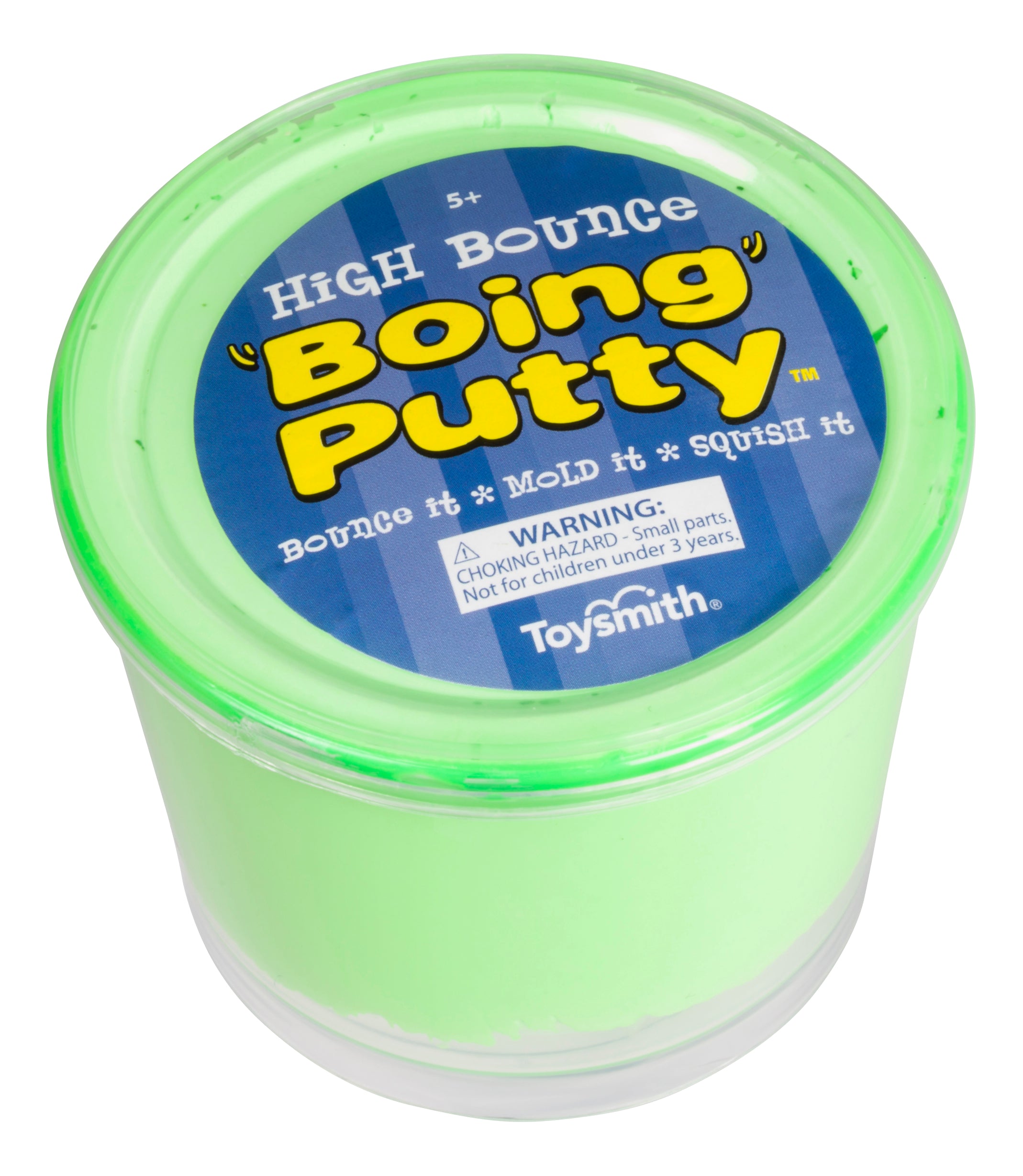 A clear plastic container of Toysmith High-Bounce Putty, neon green in color, for ages 5+, includes a choking hazard warning for small parts.