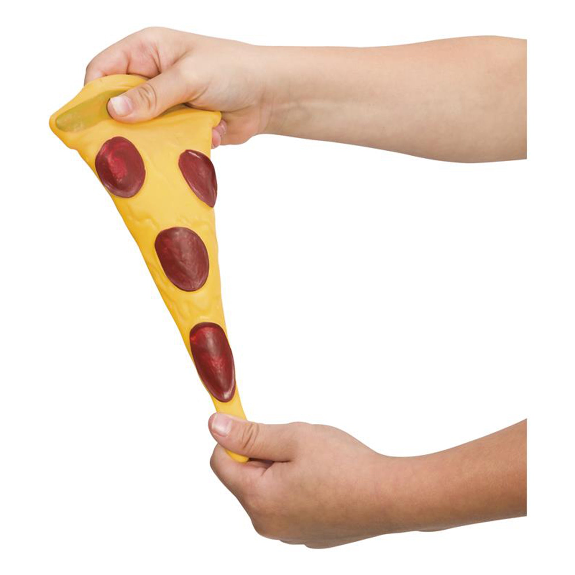 Two hands stretch the Toysmith Stretchy Slice, a yellow, pizza-slice-shaped toy made from soft, squishy material. The background is plain white.