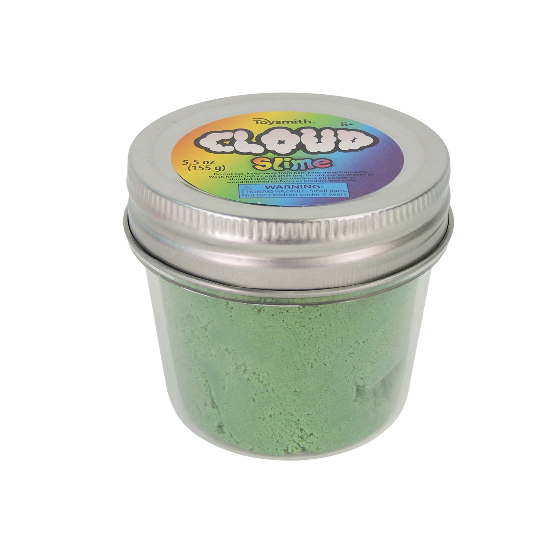 A clear plastic jar with a metal lid holds green Toysmith Colorful Cloud Slime. The lid features a colorful label displaying the product name and weight (5.5 oz) from the Toysmith brand.