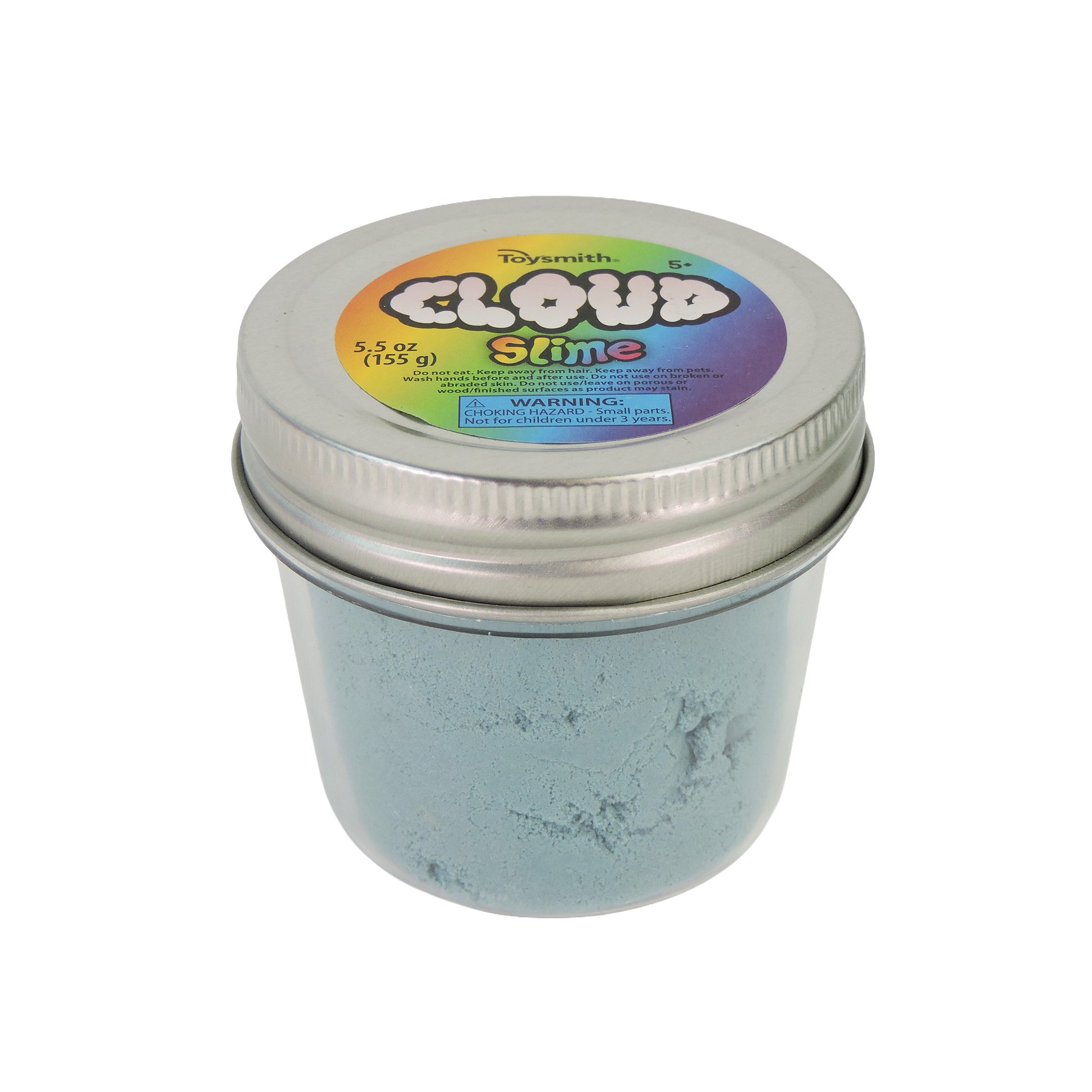 A small clear plastic jar with a metal lid contains Toysmith Colorful Cloud Slime, a light blue fluffy slime. The colorful label shows the brand Toysmith and states the weight as 5.5 oz (155 g).