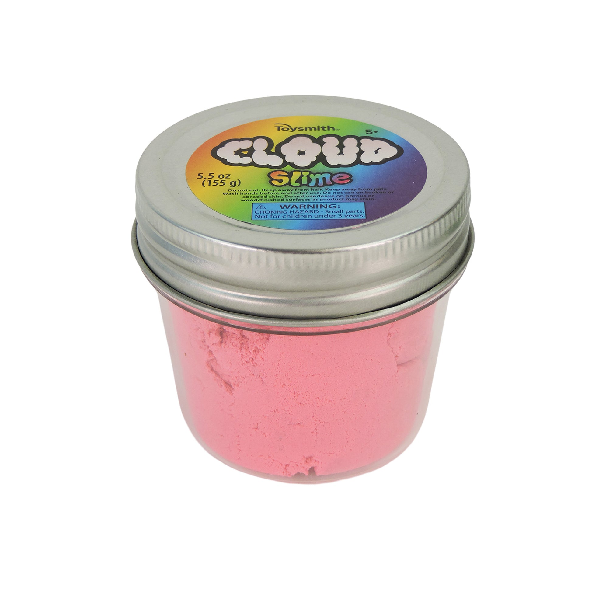 A clear jar with a silver lid holds pink cloud slime. The colorful label reads Toysmith Colorful Cloud Slime and lists the weight as 5.5 oz (155 g).