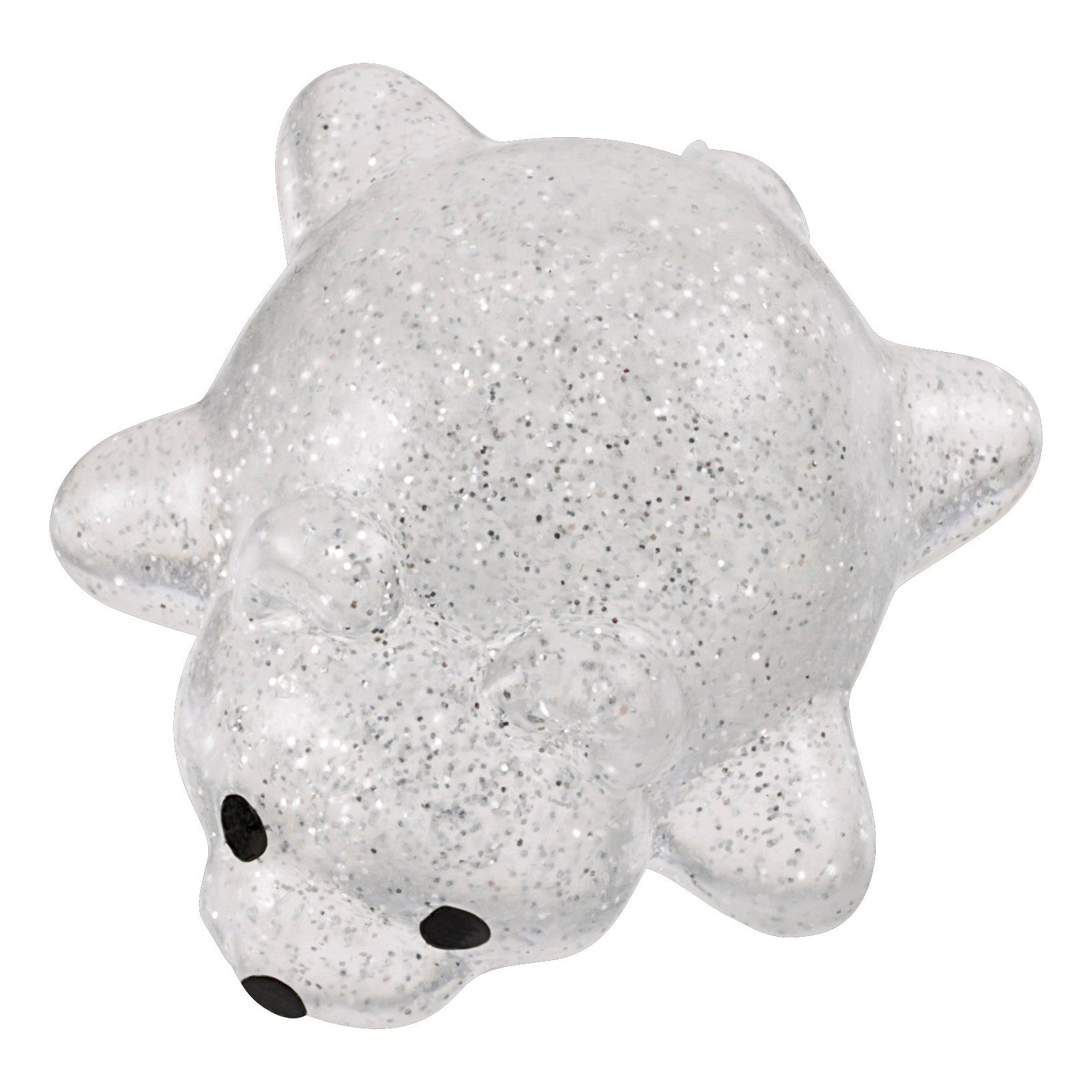 The Toysmith Squishy Kiji Buddy & Slime is a clear, glittery bear-shaped squishy with four limbs, black eyes, and a black nose—an adorable Toysmith sensory toy perfect for stress relief and fun.