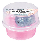 The Toysmith Squishy Kiji Buddy & Slime features a clear container with pink slime and a glittery blue squishy toy. The label lists Toysmith as the brand and warns of a choking hazard for children under 3 years.