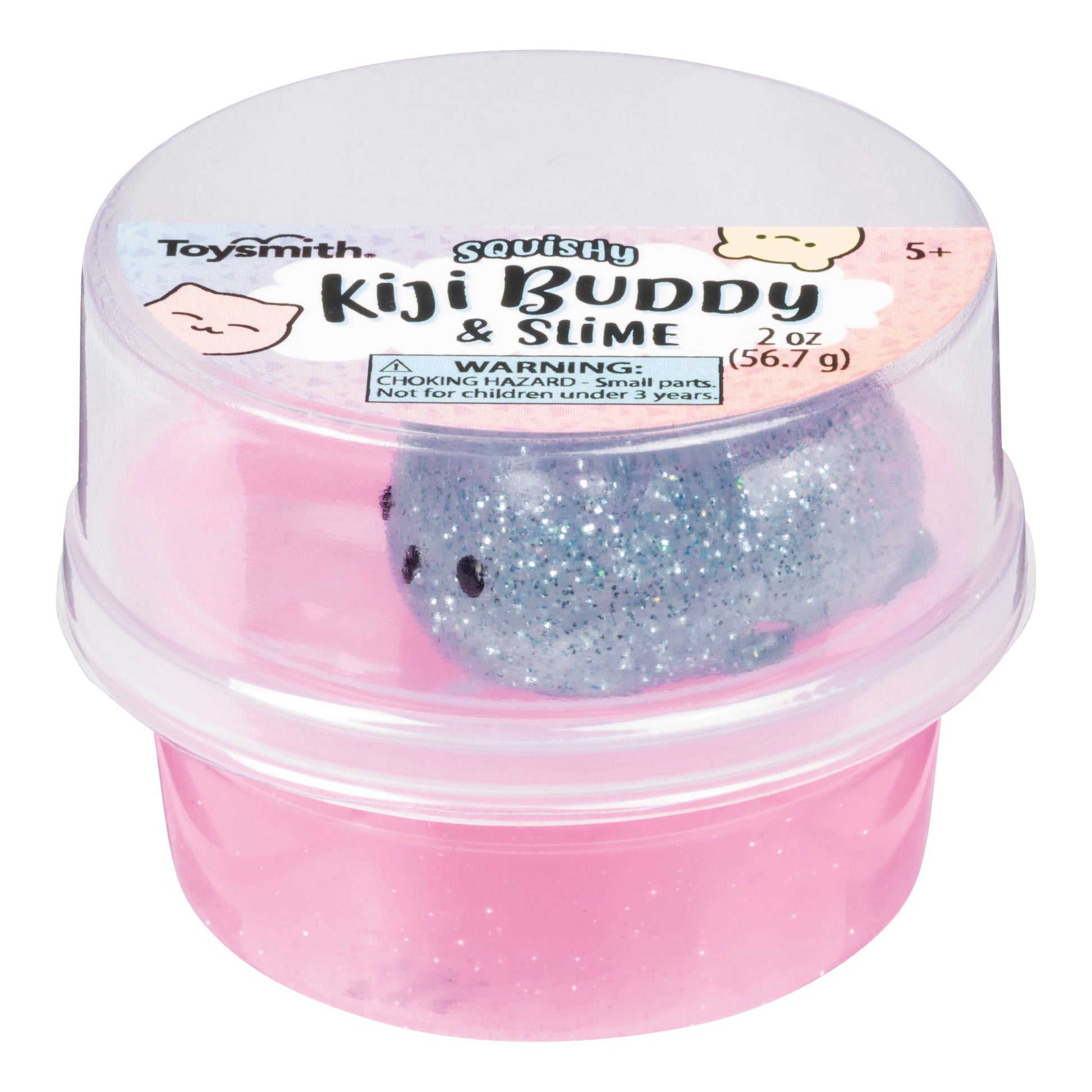 The Toysmith Squishy Kiji Buddy & Slime features a clear container with pink slime and a glittery blue squishy toy. The label lists Toysmith as the brand and warns of a choking hazard for children under 3 years.