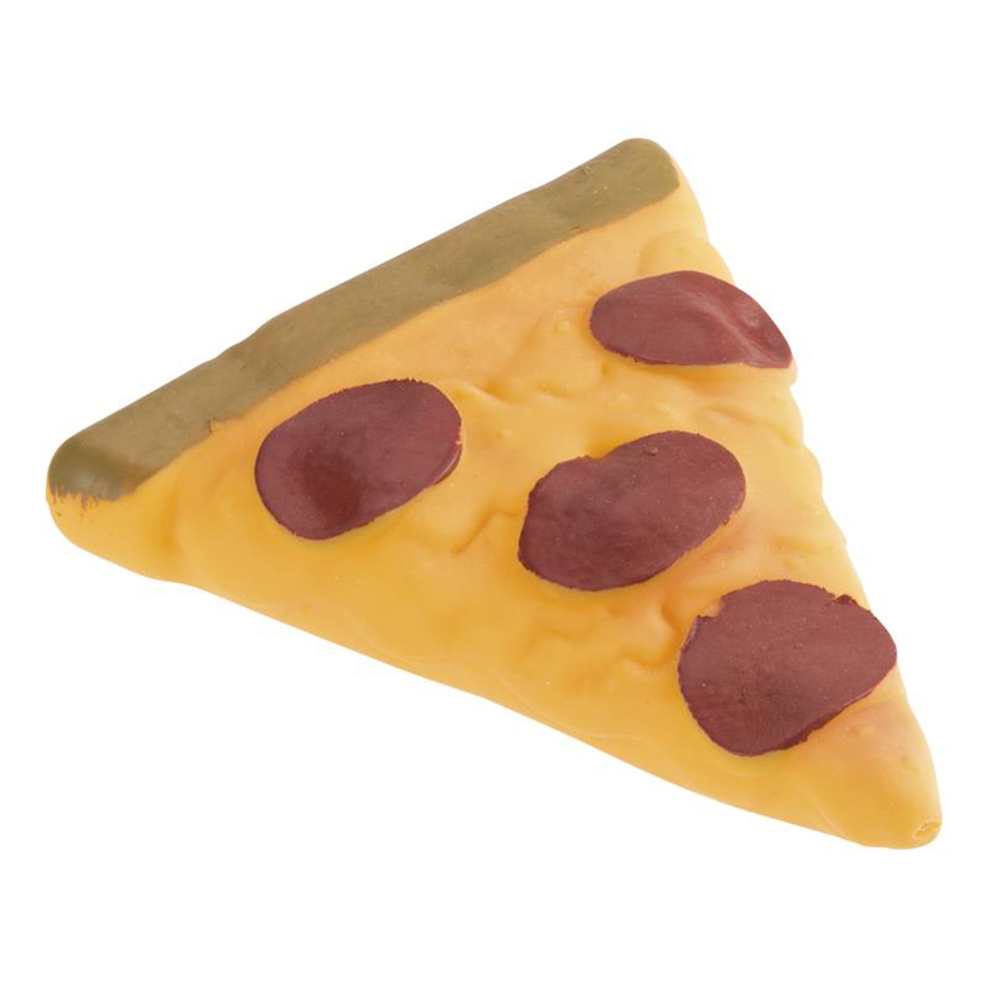 The Toysmith Stretchy Slice is a small yellow toy pizza slice with three round brown pepperoni pieces and a brown crust, made from plastic or rubber.