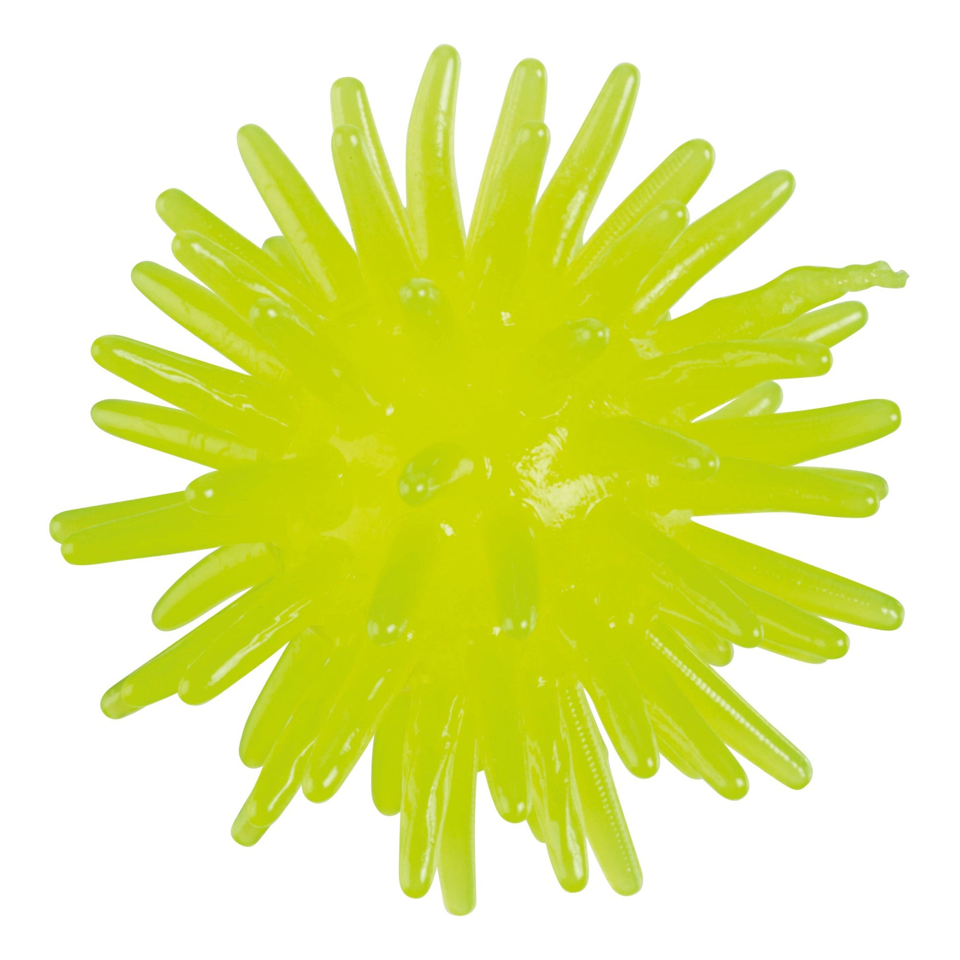 The Toysmith Tiny Tumblers is a bright yellow silicone squish ball with flexible spikes, resembling a sensory or stress toy, shown against a white background.