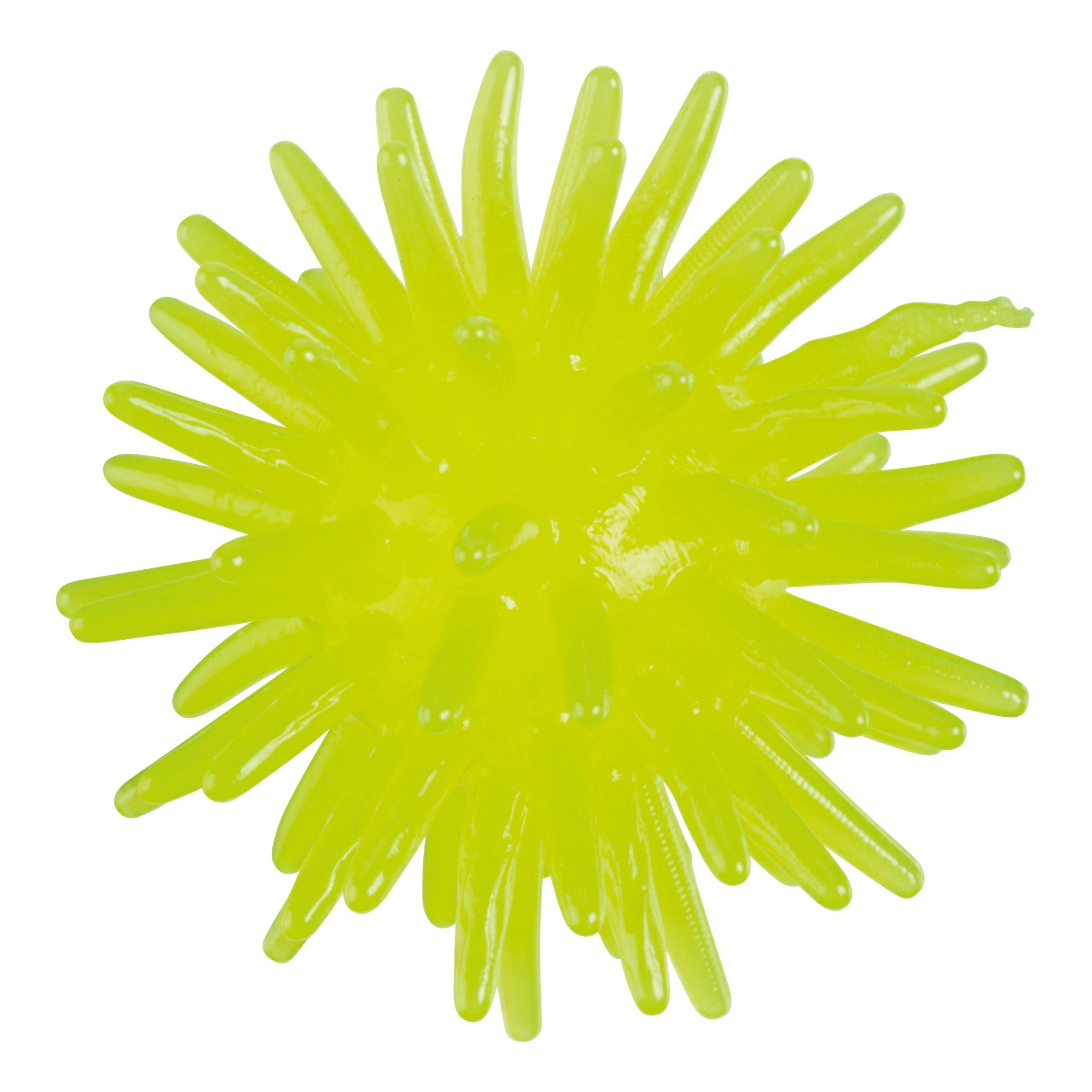 The Toysmith Tiny Tumblers is a bright yellow silicone squish ball with flexible spikes, resembling a sensory or stress toy, shown against a white background.