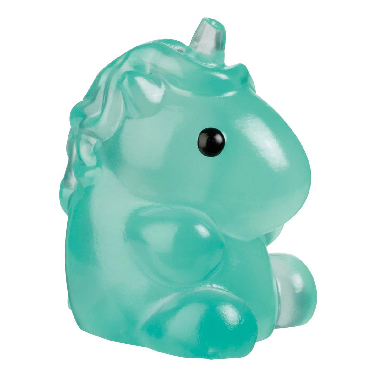 The Toysmith Kiji Buddies Unicorns is a small, translucent teal-blue unicorn squish toy with black eyes, a short horn, and cute simple features. It sits upright and faces slightly to the right.