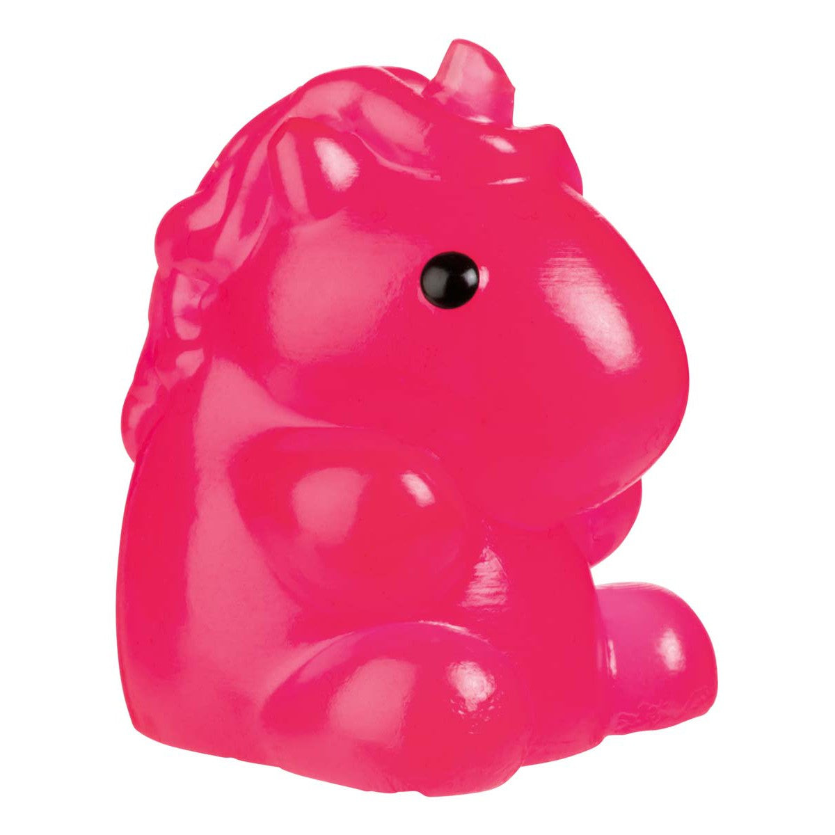 A translucent bright pink unicorn squish toy from Toysmith Kiji Buddies is sitting and facing right.