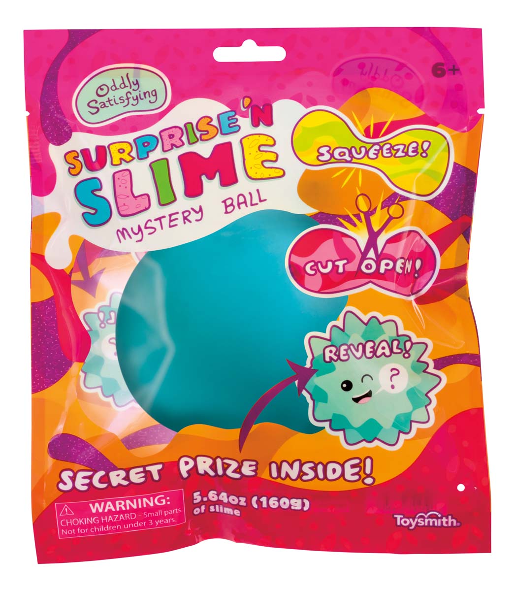 A colorful package labeled Oddly Satisfying Surprise N' Slime Mystery Ball features playful graphics, instructions like Squeeze! and Cut Open!, a large blue slime inside, and warns of a hidden prize.