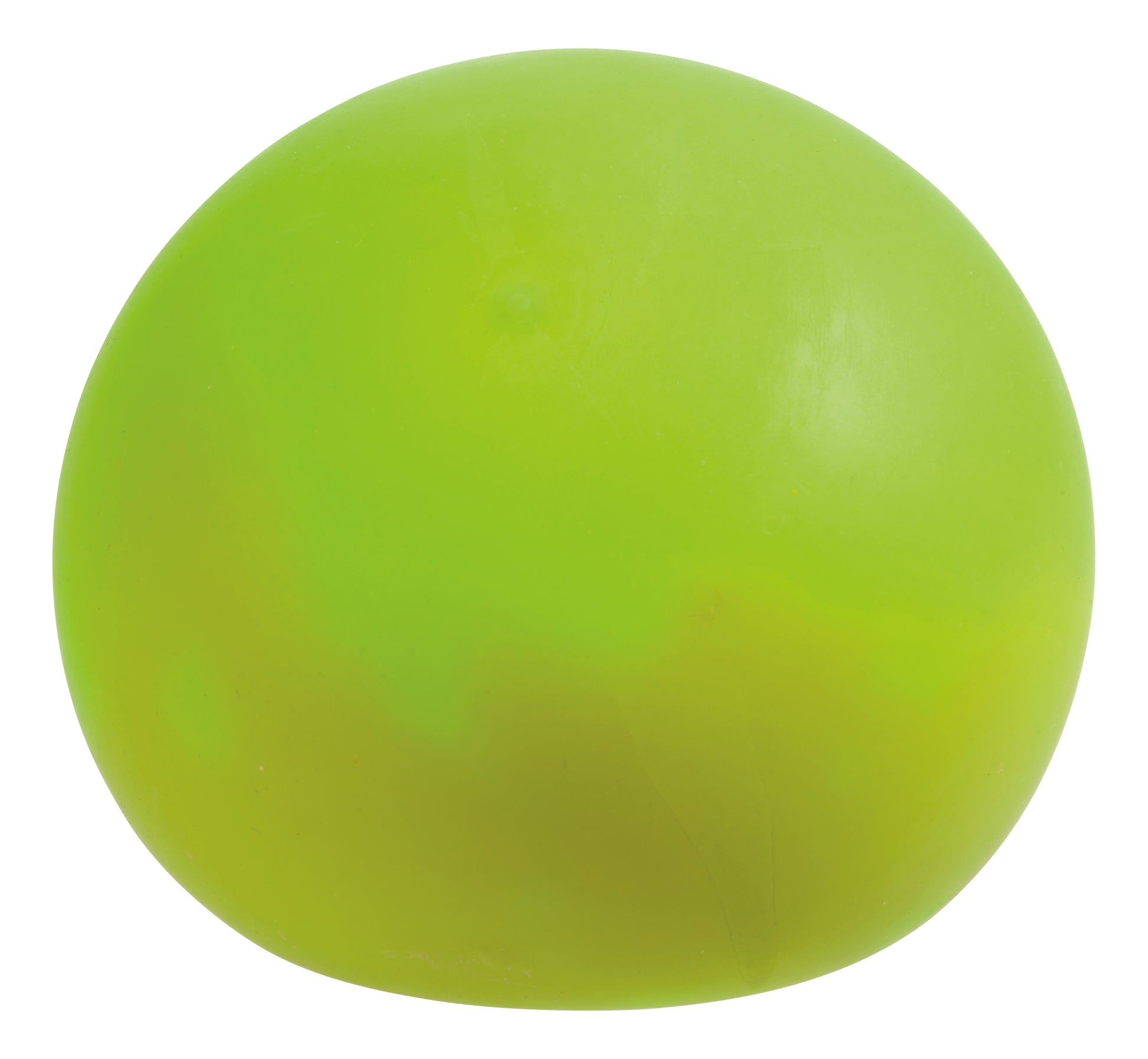 The Oddly Satisfying Surprise N' Slime Mystery Ball, a round, smooth, bright green rubber ball, is displayed against a plain white background.