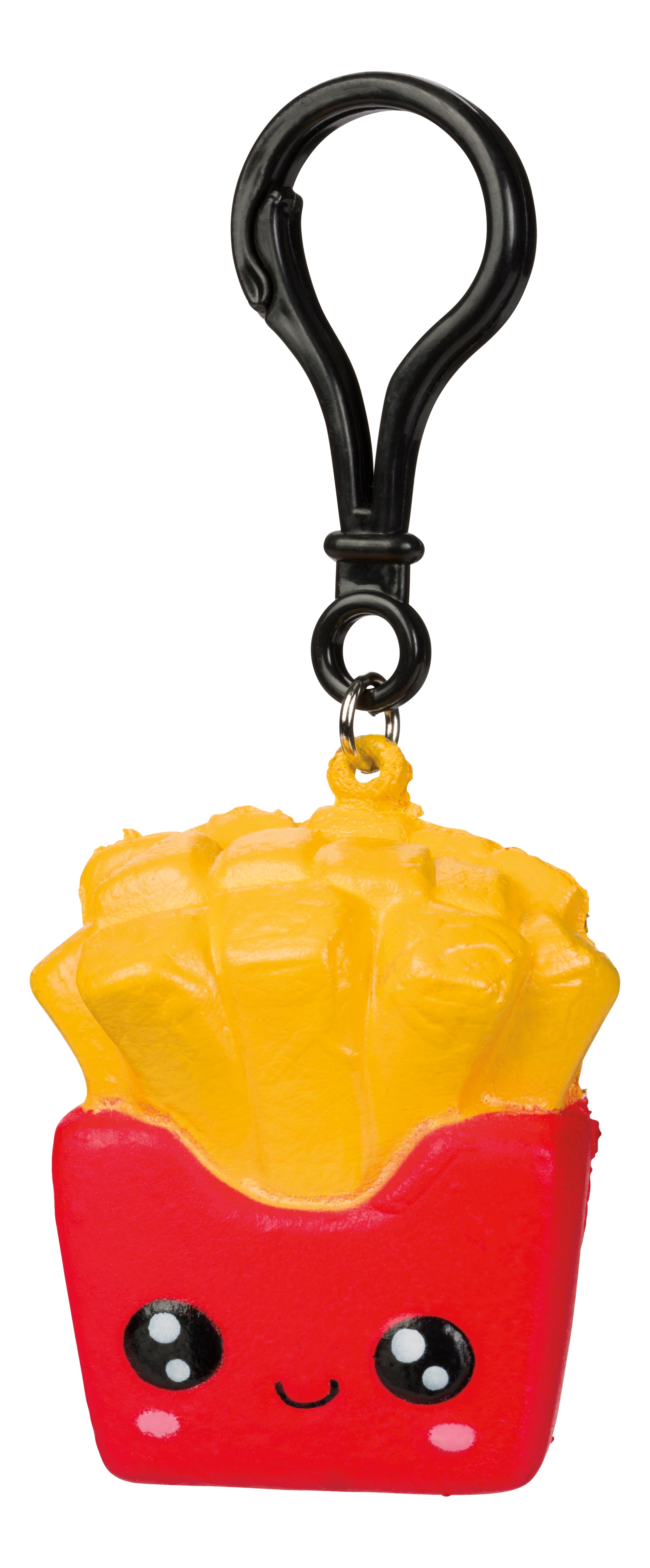 The Oddly Satisfying Surprise N' Slime Mystery Ball is a fun collectible featuring a cute, cartoon-style box of yellow fries in a red container with a smiling face and big eyes, plus a black clasp for your keychain.