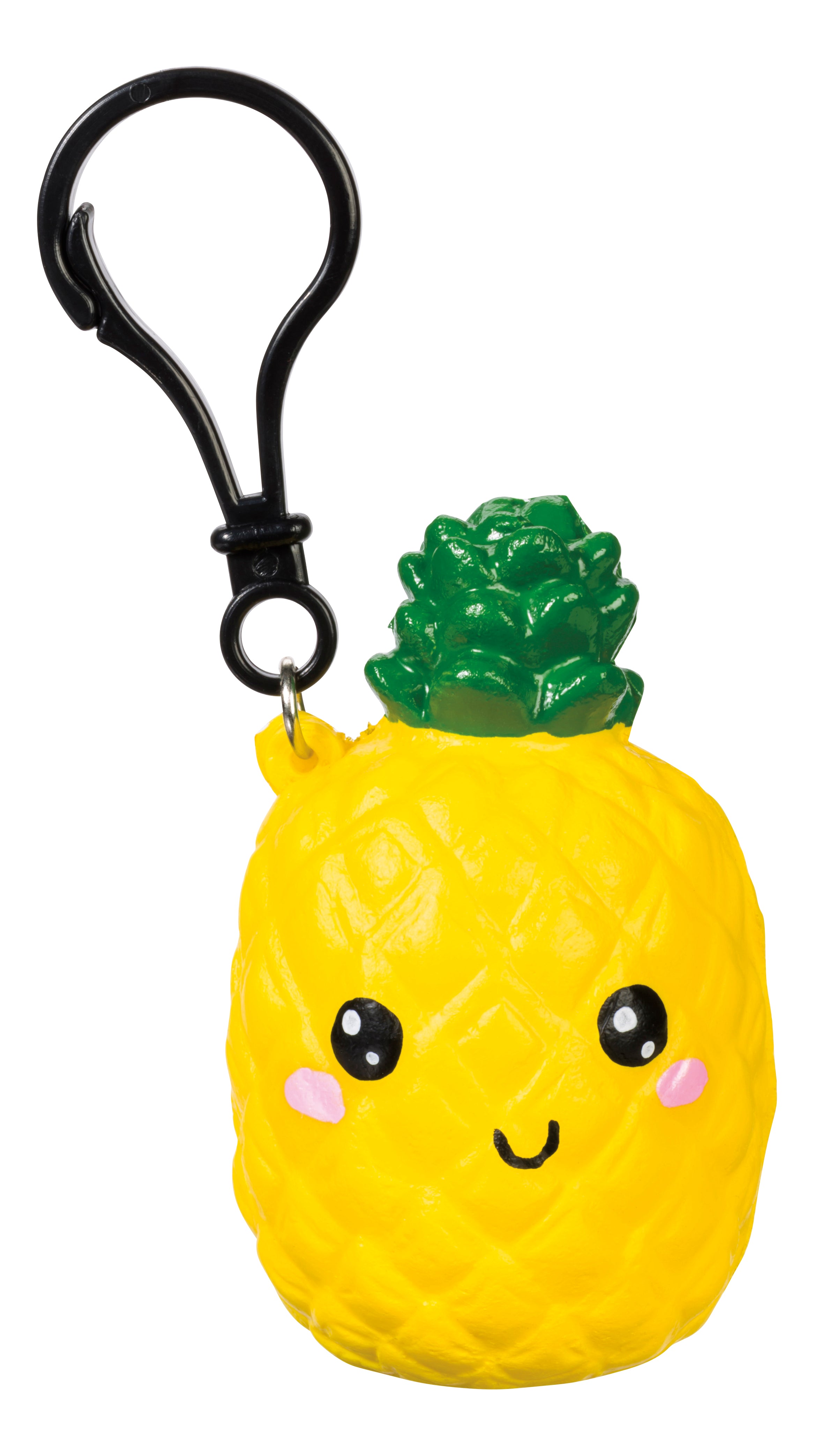 The Oddly Satisfying Surprise N' Slime Mystery Ball features a cute pineapple-shaped keychain with a smiling face, rosy cheeks, green leafy top, and a black metal clip.