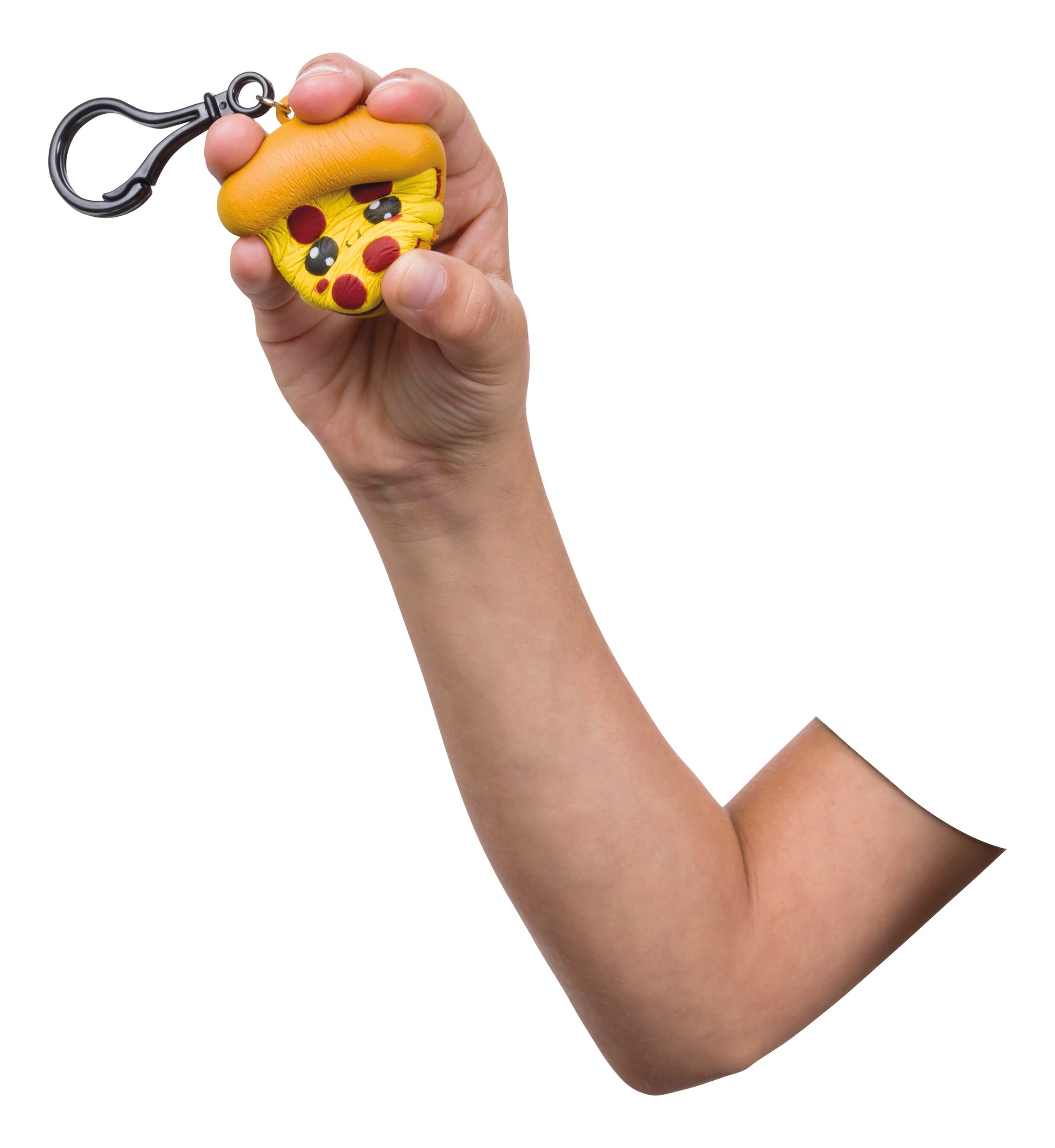 A hand tightly squeezes the Oddly Satisfying Surprise N' Slime Mystery Ball keychain with a metal clip, isolated on a white background. The lower arm is visible, with the rest cut out.