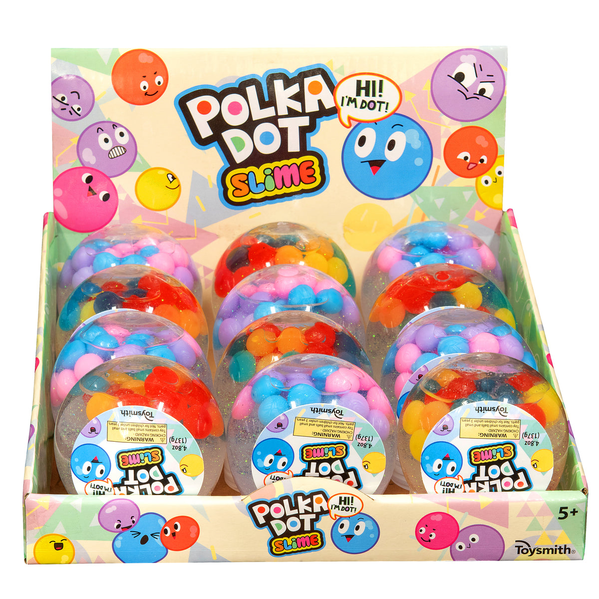 A Toysmith Polka Dot Slime display box includes 12 clear tubs with colorful foam beads for sensory fun. The bright packaging features polka dot characters and is suitable for ages 5+.