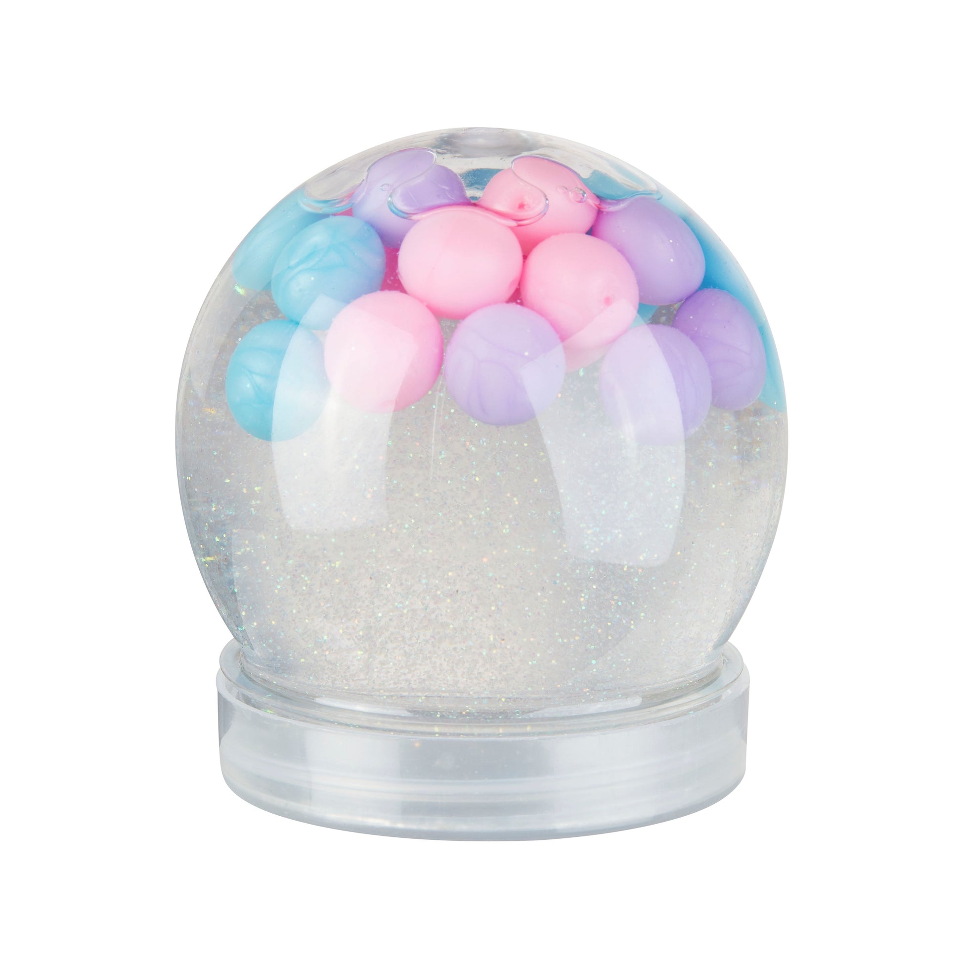 The Toysmith Polka Dot Slime features pastel pink, blue, and purple foam beads in a clear snow globe on a transparent base, displayed against a white background.