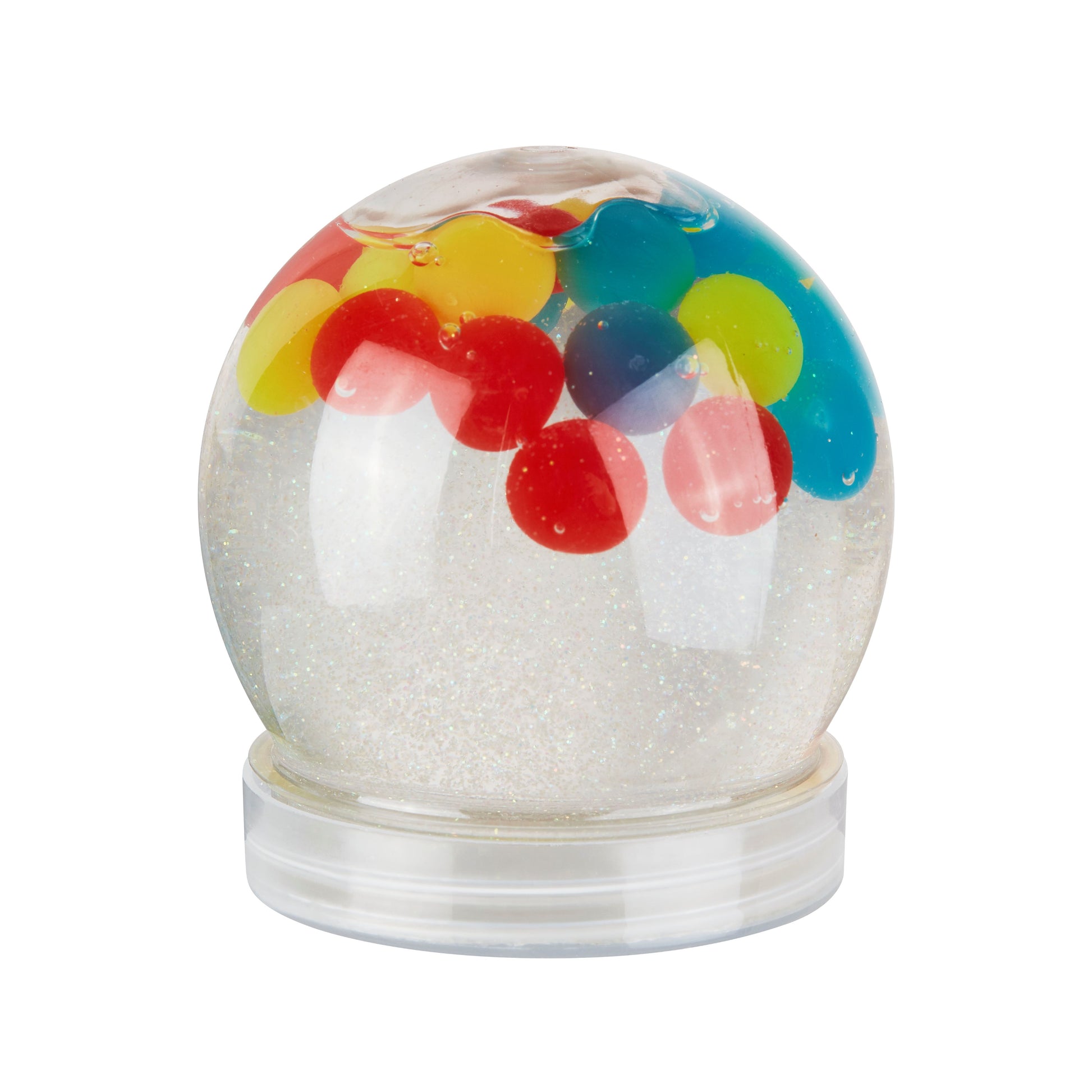 The Toysmith Polka Dot Slime features a clear globe with transparent liquid and colorful floating beads on a round base, perfect for sensory play or fans of vibrant slime fun.