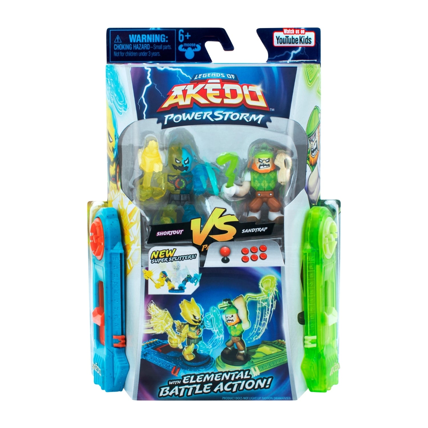 Toy package with figures and battle arena, featuring 'Legends of Akedo Power Storm' branding.