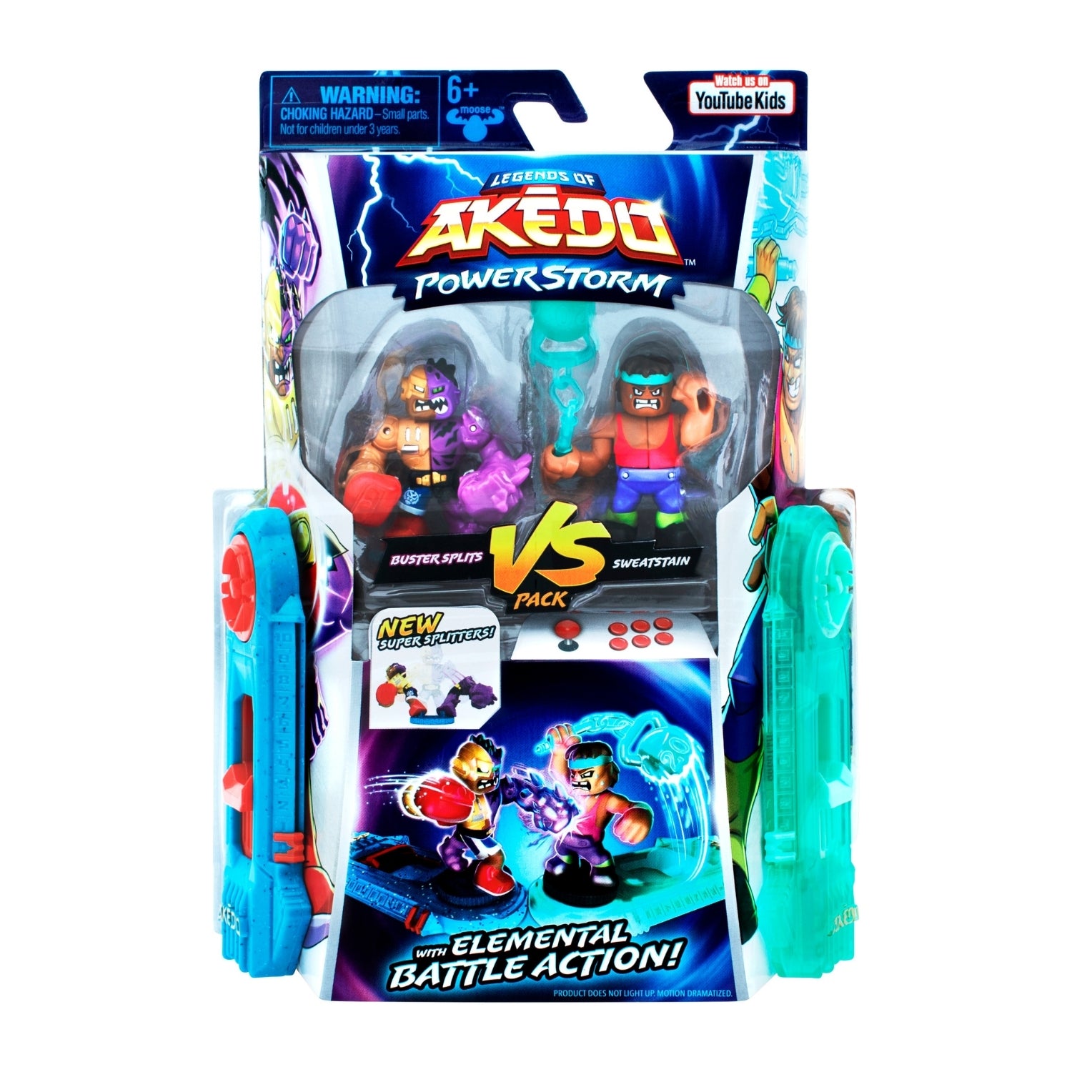 Toy figure packaging with two characters and a battle arena, featuring Akedo branding.