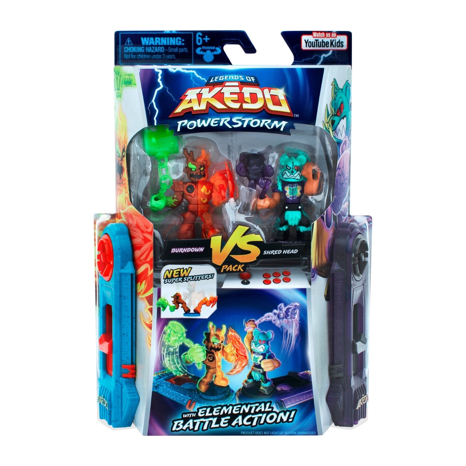 Toy figure packaging with characters and weapons, featuring Akeedo Powerstorm branding.